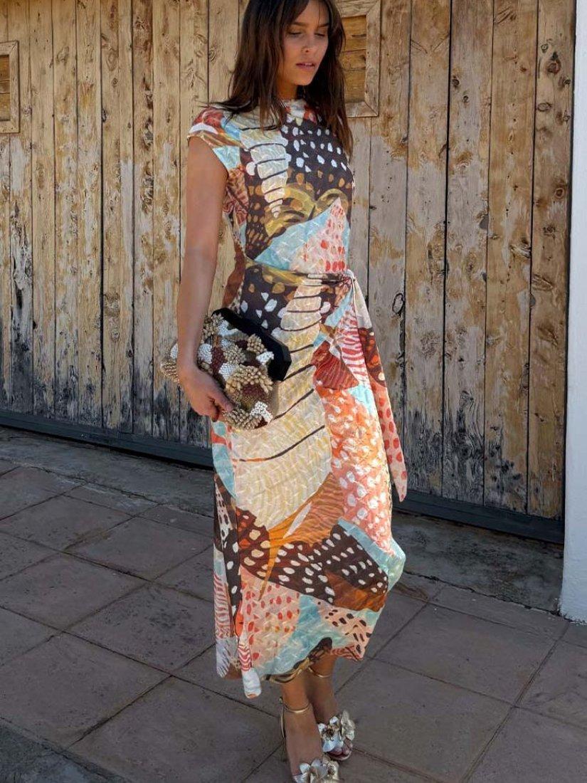 Product image 3 of 7, which shows Never Fully Dressed Lucy Animal Shell Print Tie Waist Dress, Multi, XS