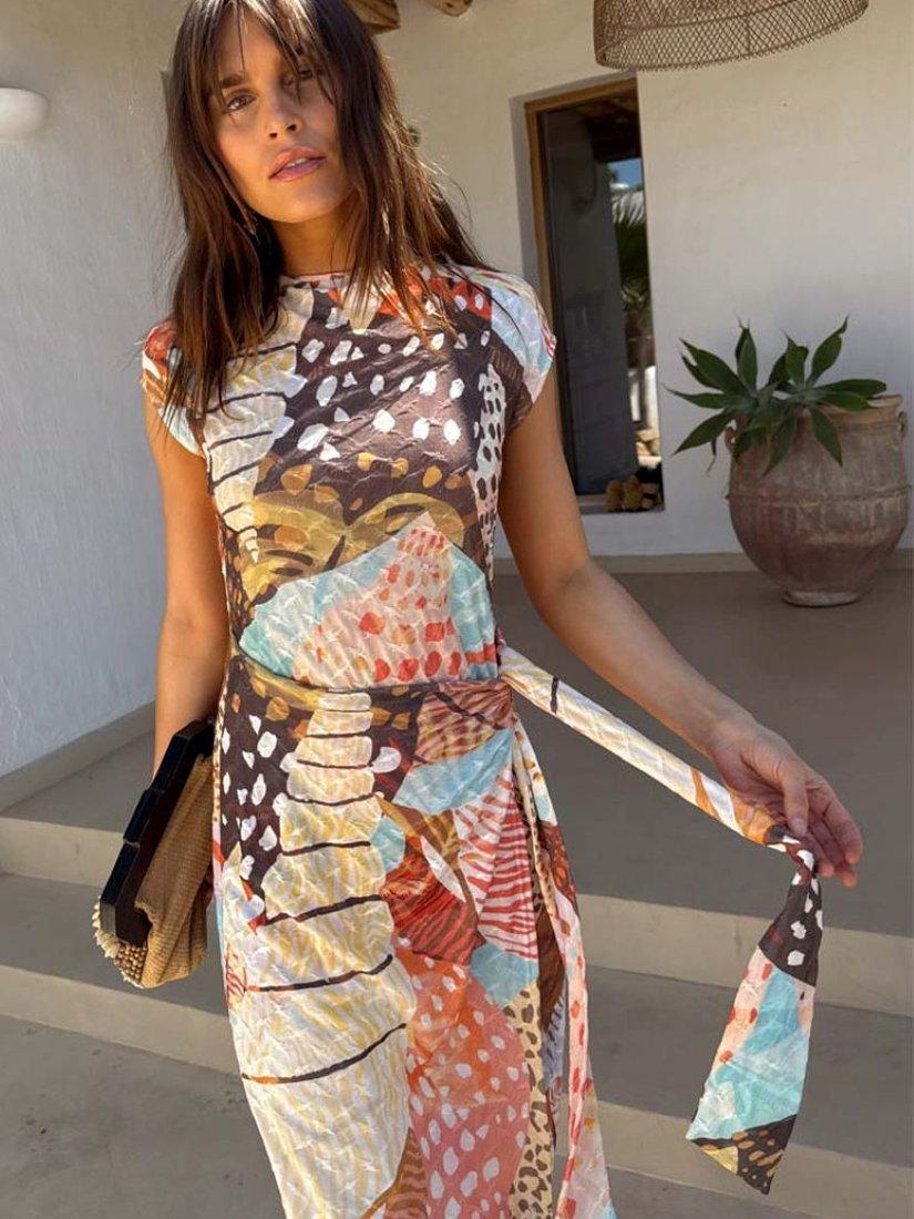 Product image 4 of 7, which shows Never Fully Dressed Lucy Animal Shell Print Tie Waist Dress, Multi, XS
