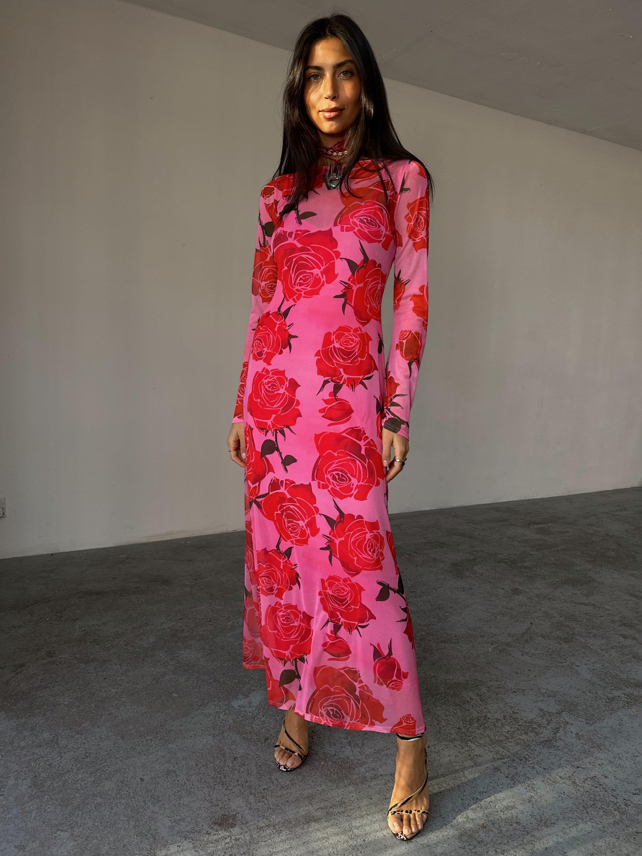 Product image 3 of 7, which shows Never Fully Dressed Rosa Aria Floral A-Line Maxi Dress, Pink, 6