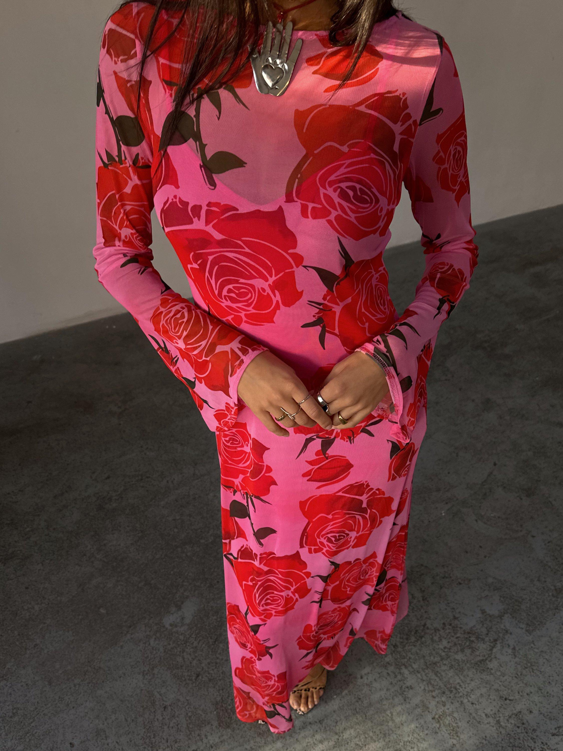 Product image 4 of 7, which shows Never Fully Dressed Rosa Aria Floral A-Line Maxi Dress, Pink, 6