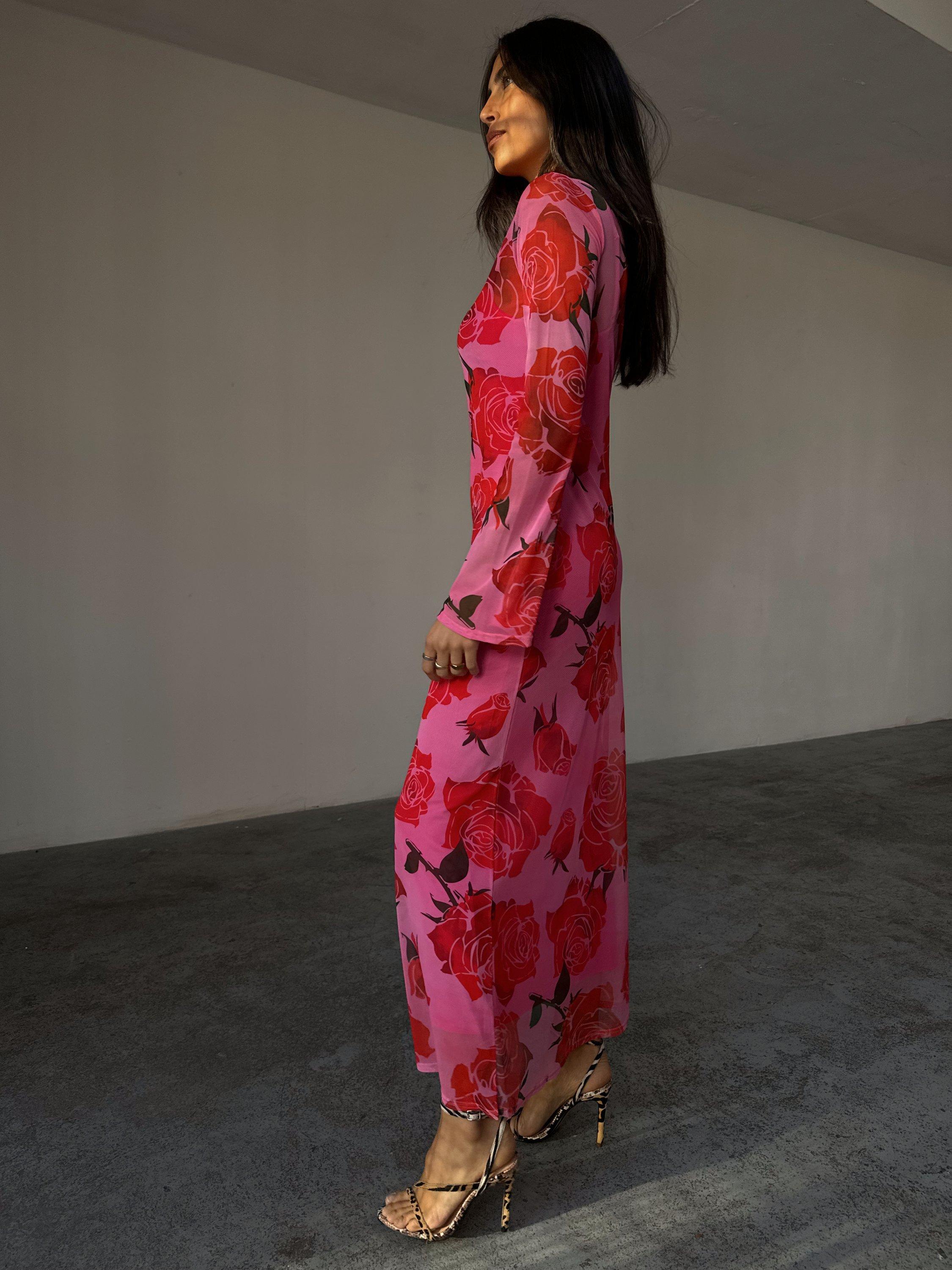 Product image 6 of 7, which shows Never Fully Dressed Rosa Aria Floral A-Line Maxi Dress, Pink, 6