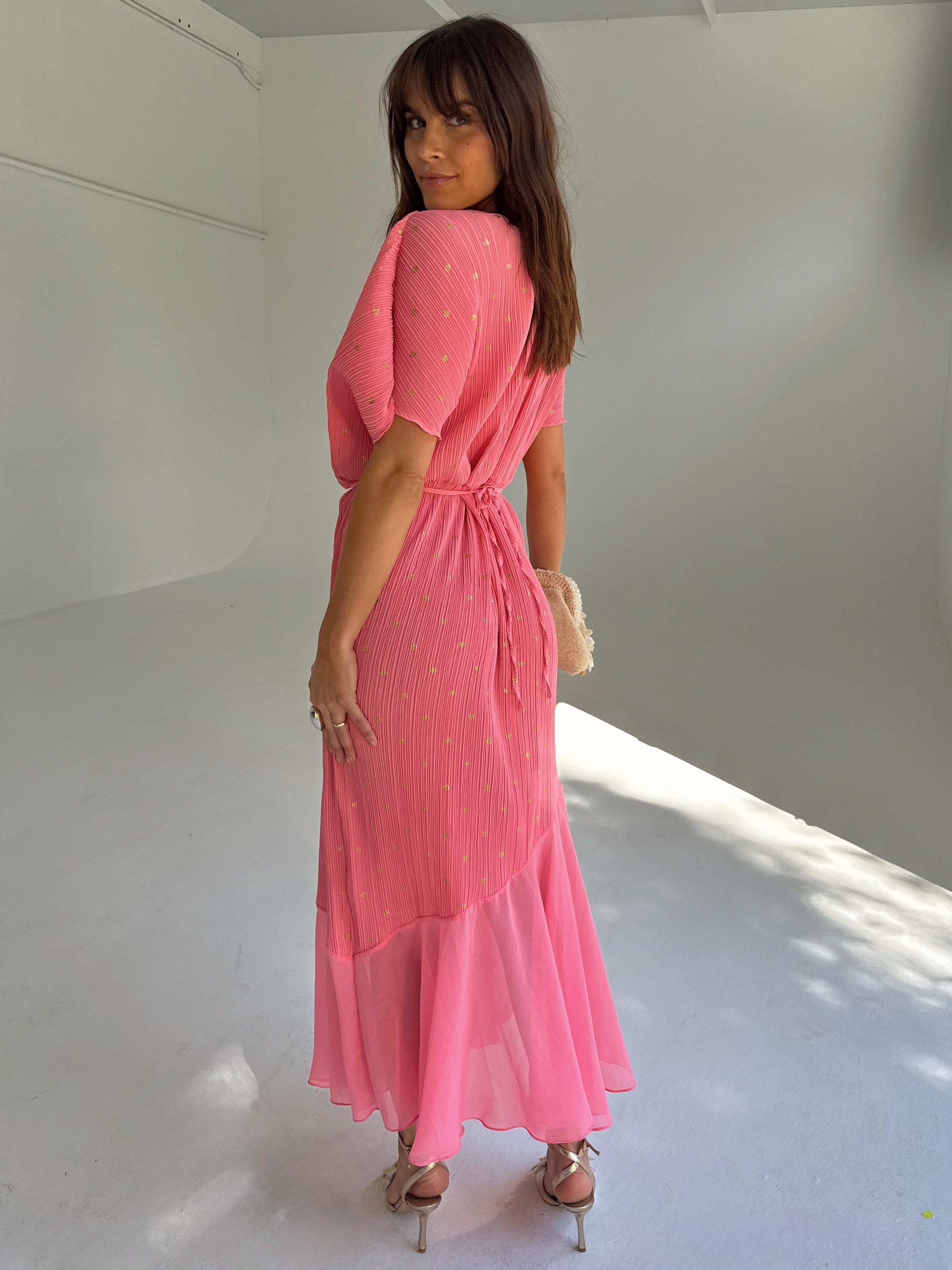 Product image 2 of 8, which shows Never Fully Dressed Fifi Tiered A-Line Midi Dress, Pink, XS