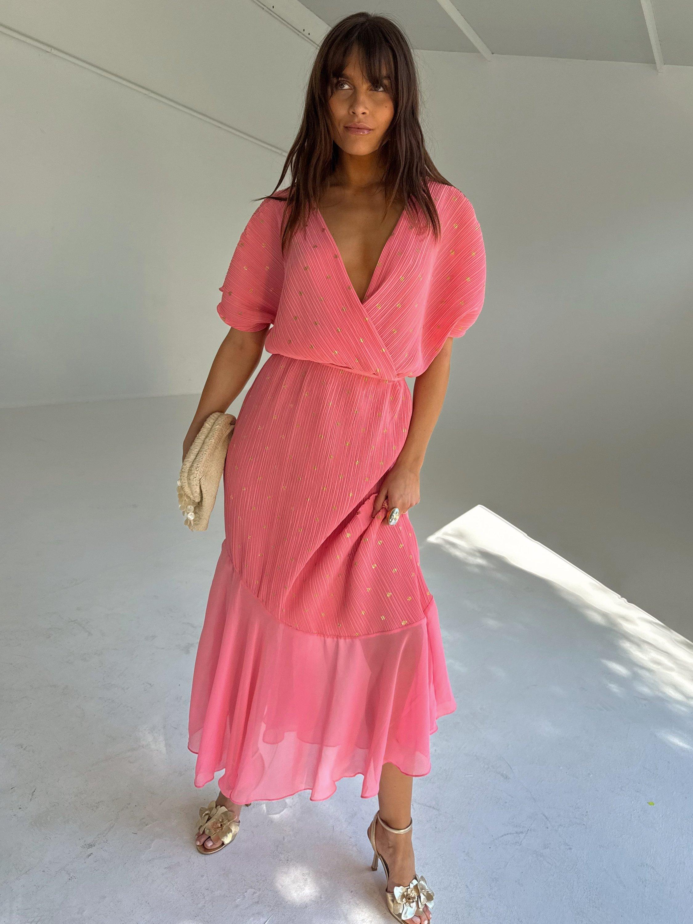 Product image 5 of 8, which shows Never Fully Dressed Fifi Tiered A-Line Midi Dress, Pink, XS