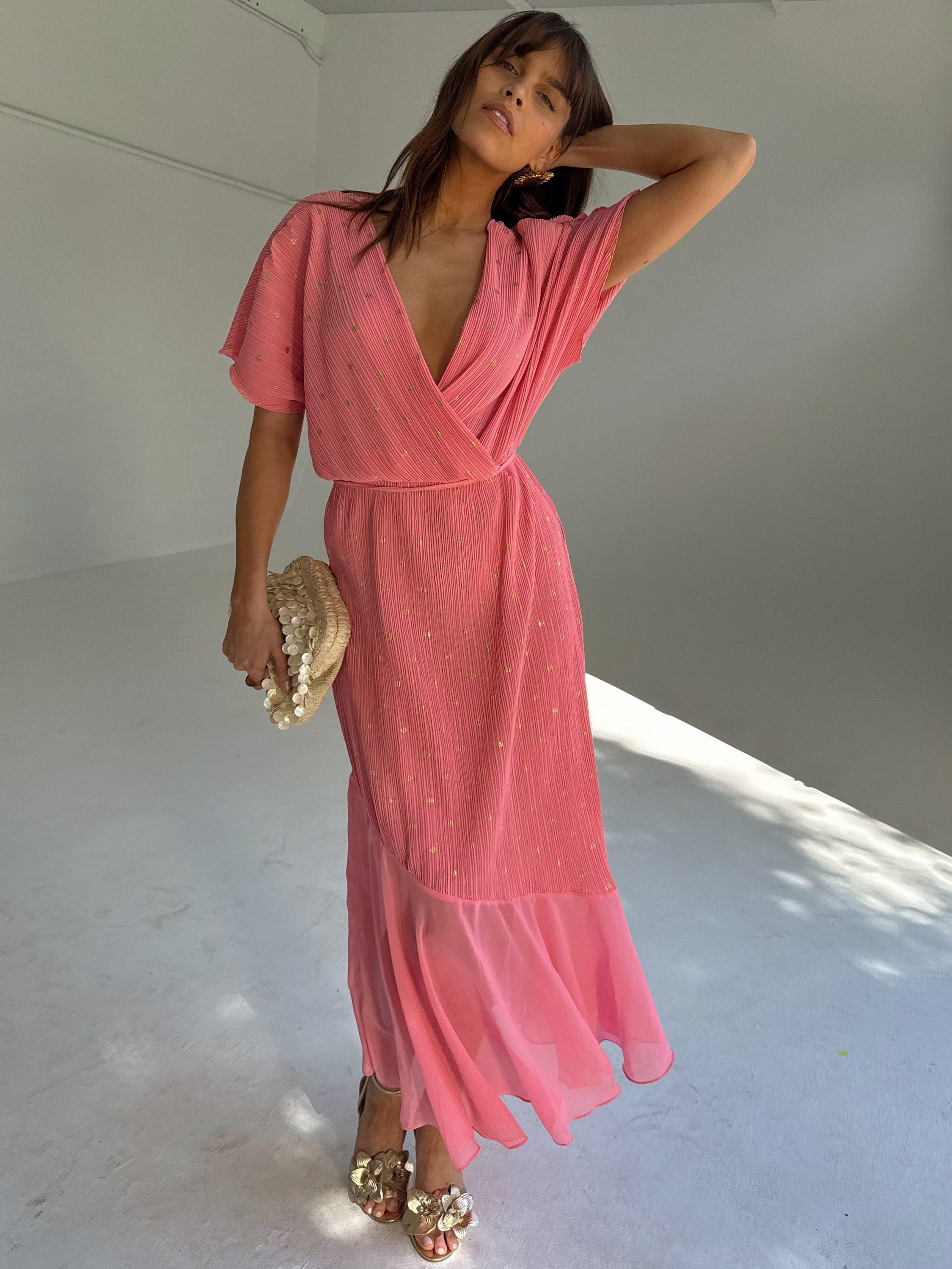 Product image 7 of 8, which shows Never Fully Dressed Fifi Tiered A-Line Midi Dress, Pink, XS