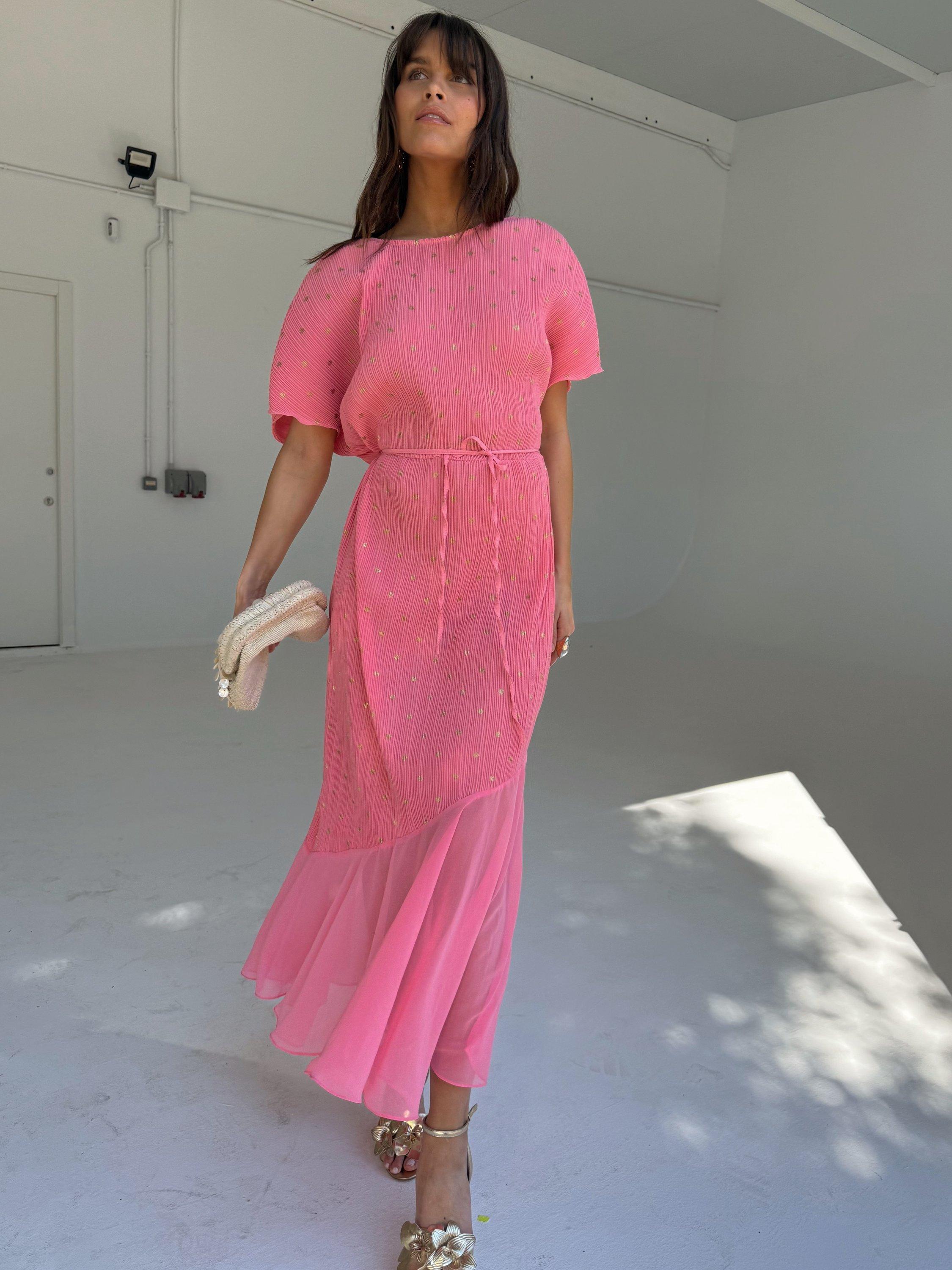 Product image 8 of 8, which shows Never Fully Dressed Fifi Tiered A-Line Midi Dress, Pink, XS