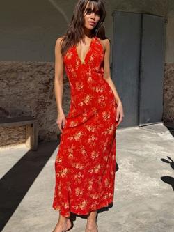 Never Fully Dressed Floral Print A-Line Halterneck Maxi Dress, Red