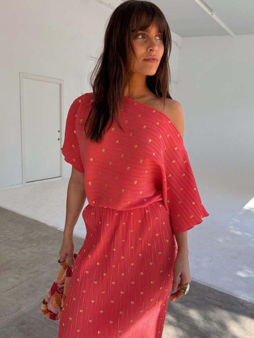 Product image 1 of 4, which shows Never Fully Dressed Plisse Tilly Asymmetric Shoulder Maxi Dress, Coral, XS