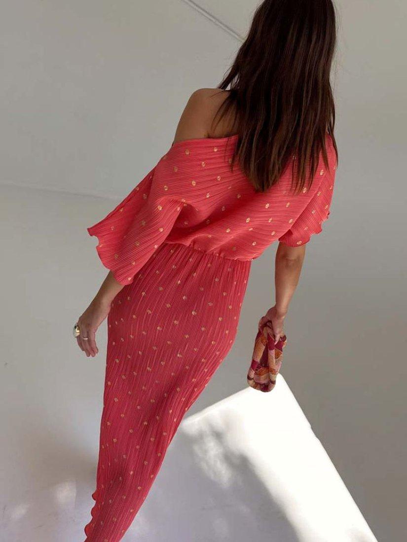 Product image 2 of 4, which shows Never Fully Dressed Plisse Tilly Asymmetric Shoulder Maxi Dress, Coral, XS