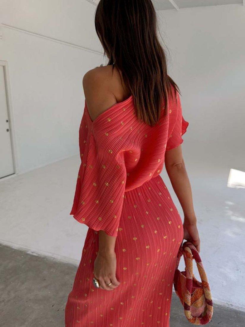 Product image 3 of 4, which shows Never Fully Dressed Plisse Tilly Asymmetric Shoulder Maxi Dress, Coral, XS