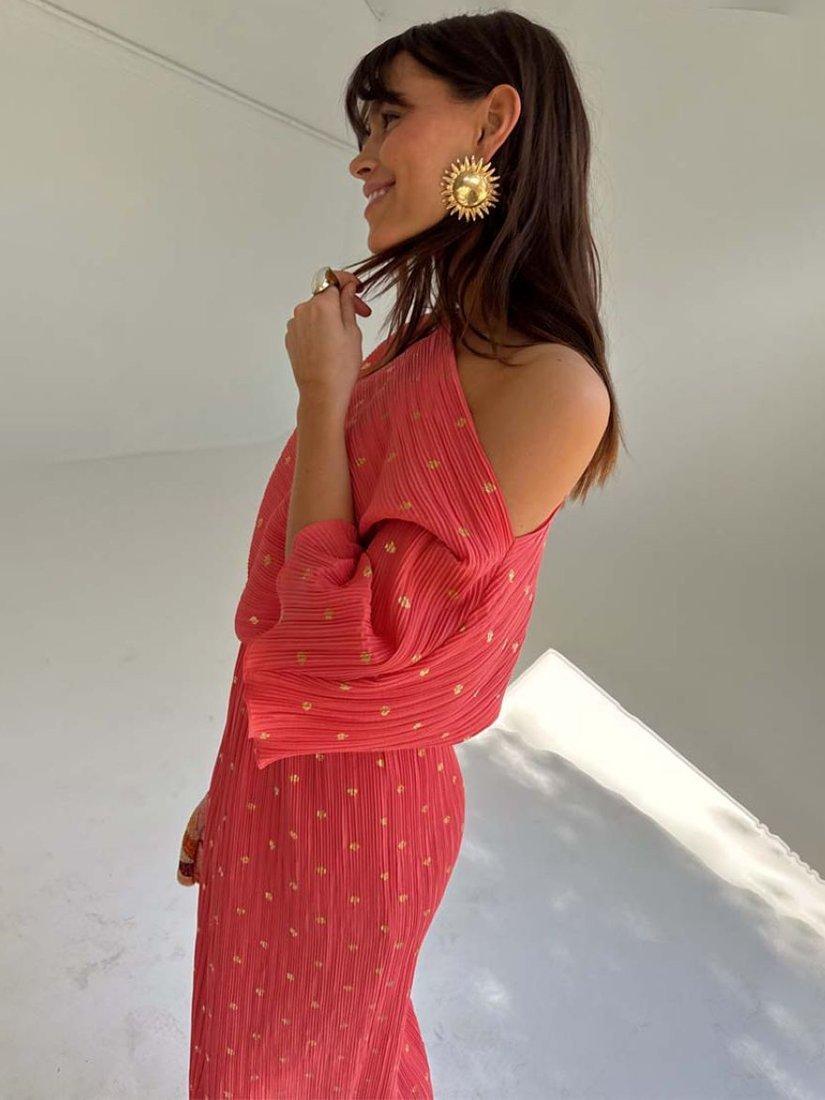 Product image 4 of 4, which shows Never Fully Dressed Plisse Tilly Asymmetric Shoulder Maxi Dress, Coral, XS