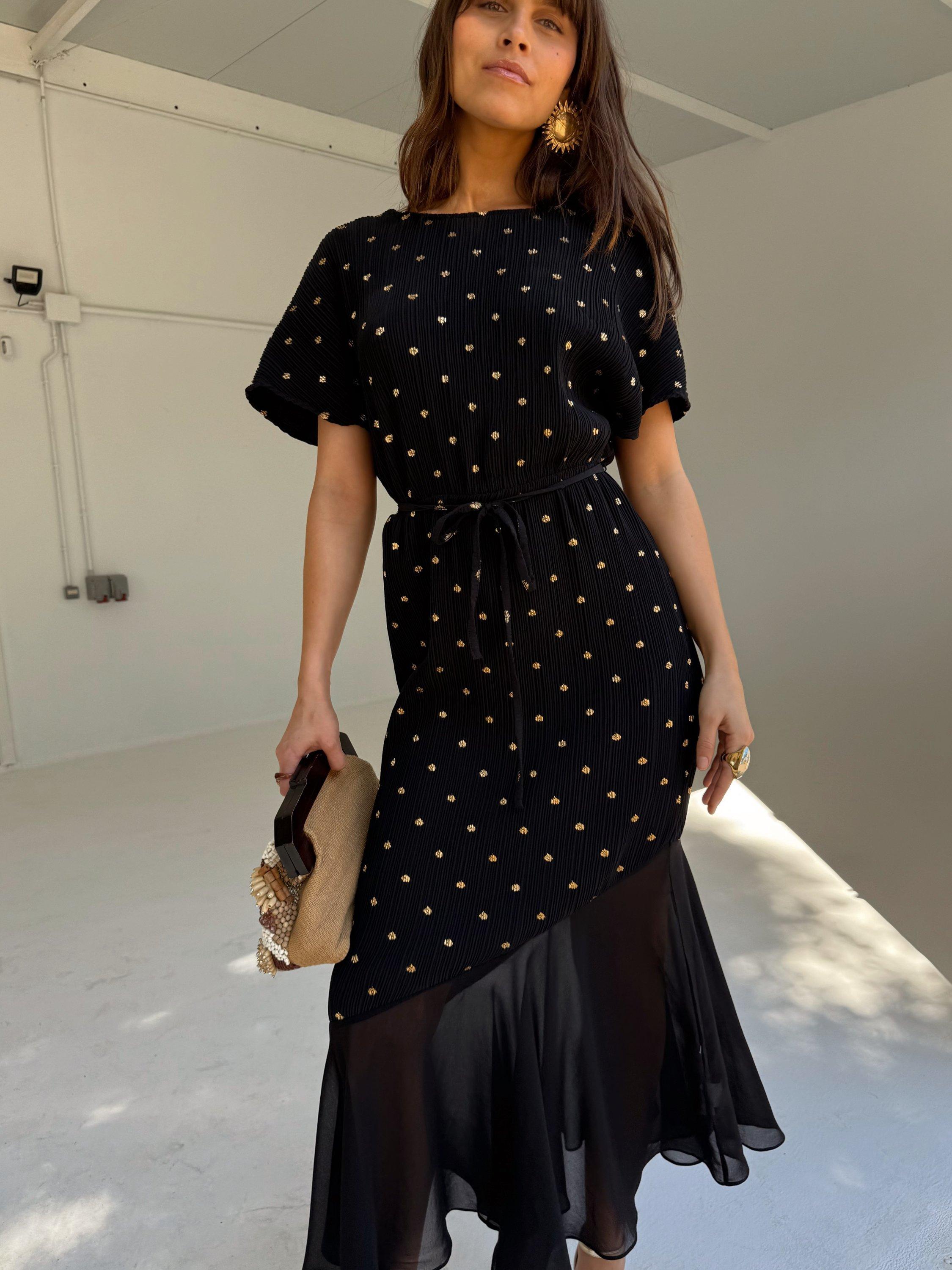 Product image 1 of 7, which shows Never Fully Dressed Fifi V-Neck Gold Fleck Polka Plisse Dress, Black, XS