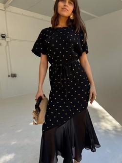 Never Fully Dressed Fifi V-Neck Gold Fleck Polka Plisse Dress, Black