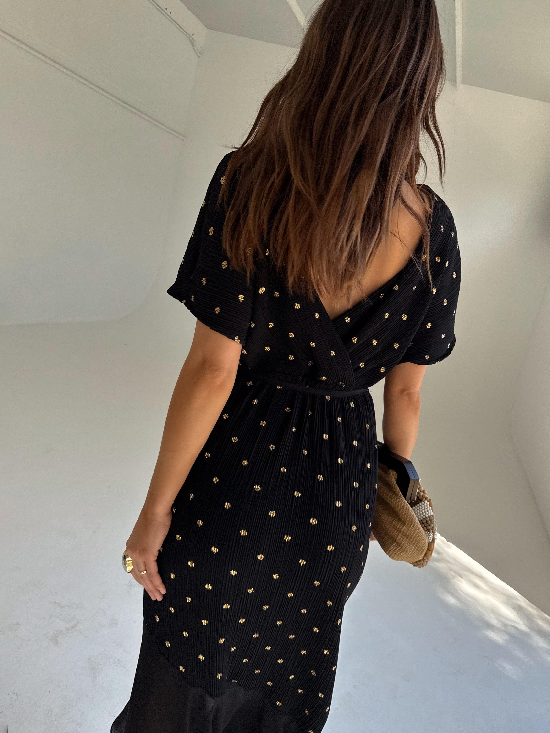 Product image 3 of 7, which shows Never Fully Dressed Fifi V-Neck Gold Fleck Polka Plisse Dress, Black, XS