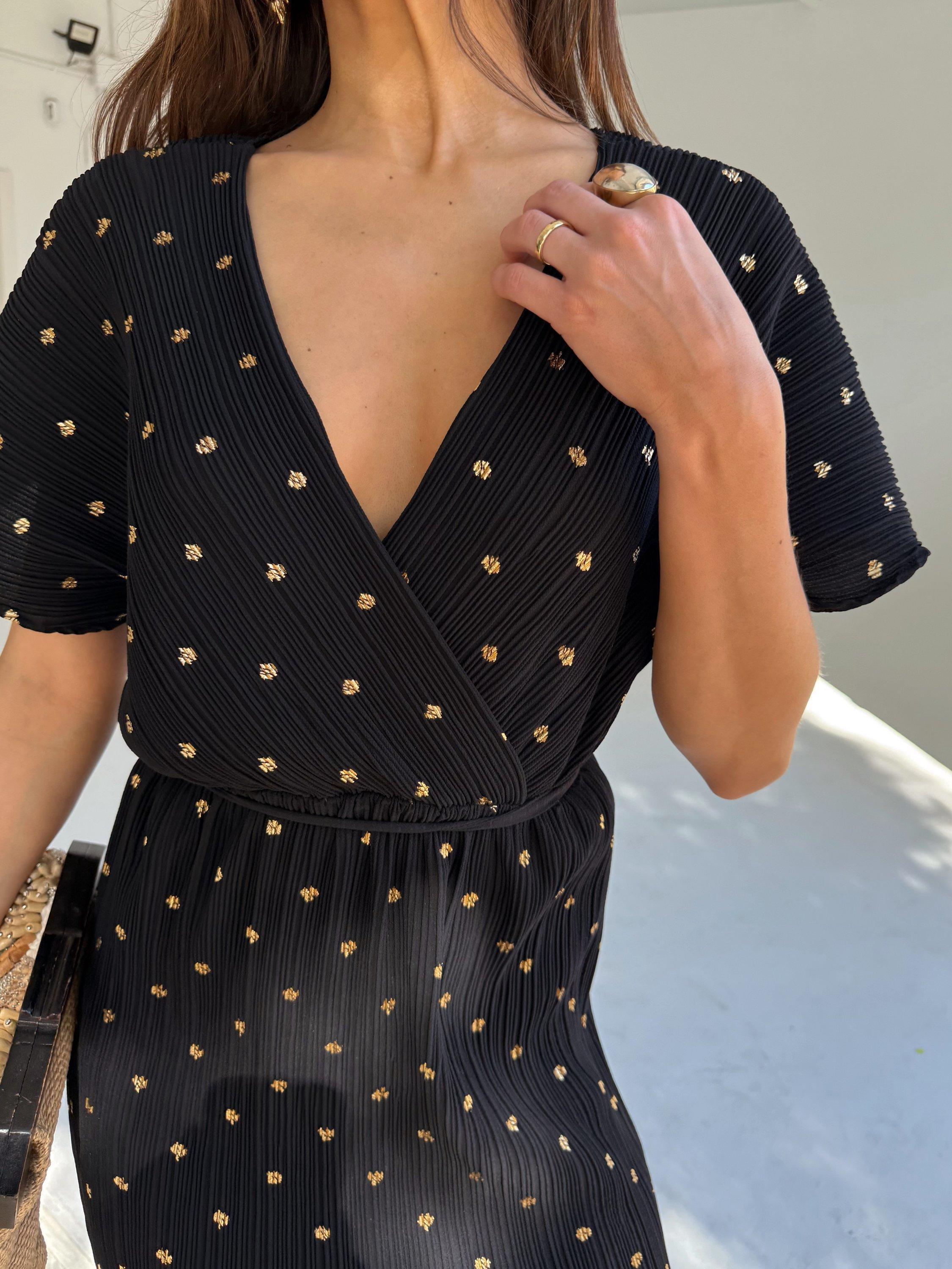 Product image 4 of 7, which shows Never Fully Dressed Fifi V-Neck Gold Fleck Polka Plisse Dress, Black, XS