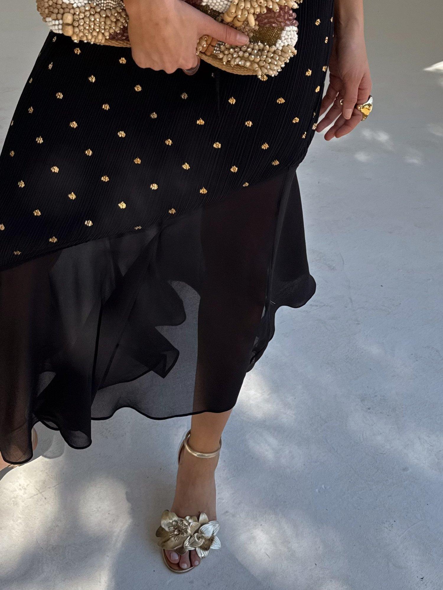 Product image 5 of 7, which shows Never Fully Dressed Fifi V-Neck Gold Fleck Polka Plisse Dress, Black, XS
