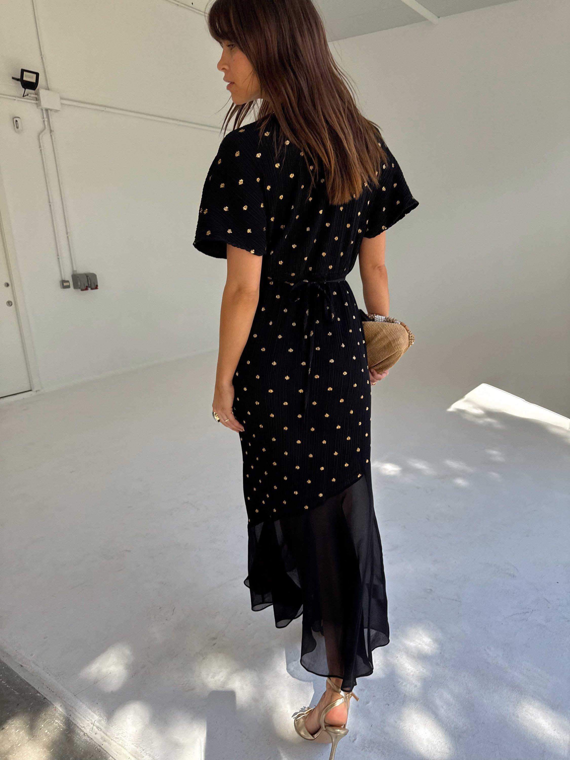 Product image 6 of 7, which shows Never Fully Dressed Fifi V-Neck Gold Fleck Polka Plisse Dress, Black, XS