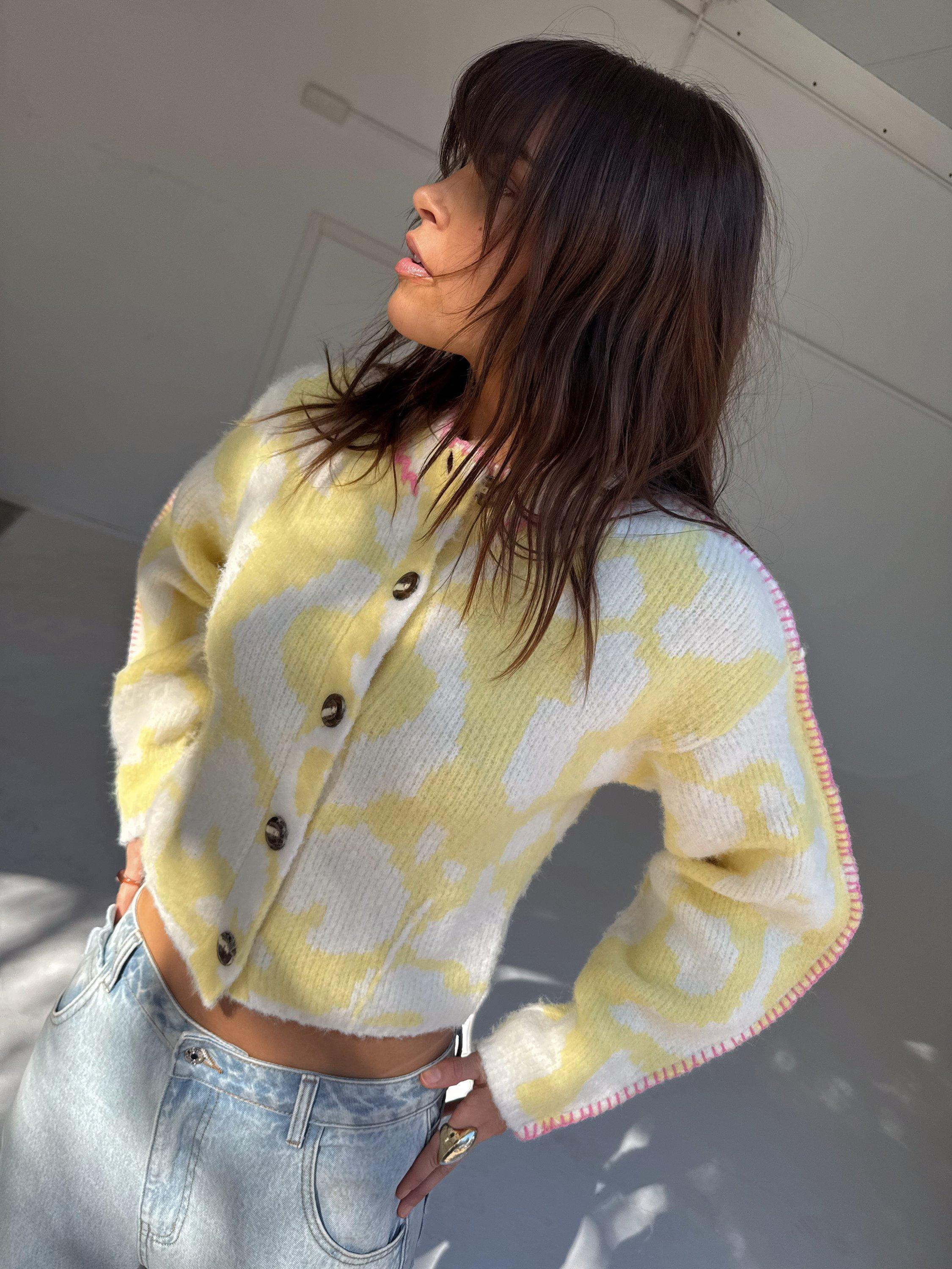 Product image 1 of 5, which shows Never Fully Dressed Zizi Contrast Knit Polyester Blend Cardigan, Yellow, XS