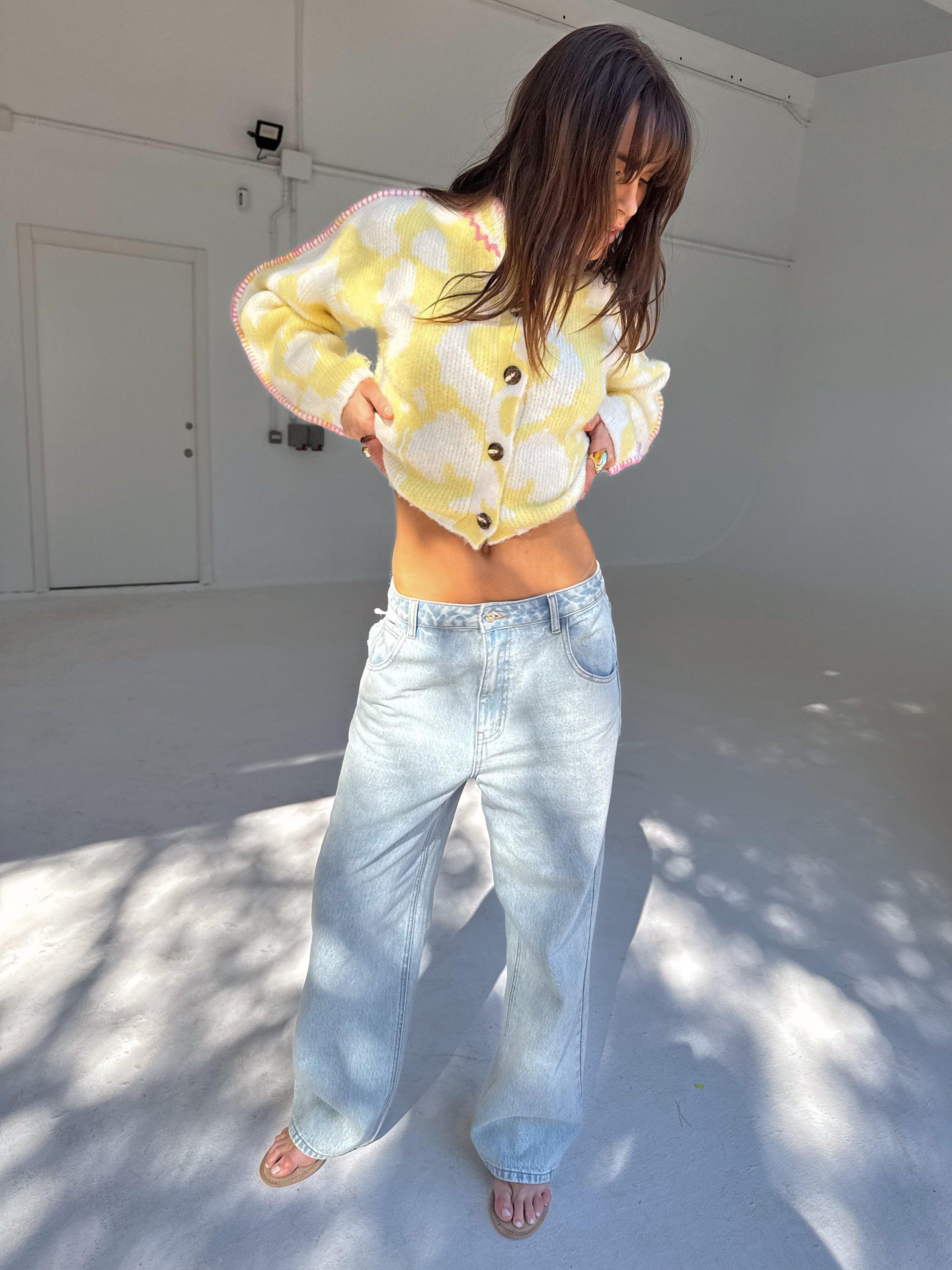 Product image 2 of 5, which shows Never Fully Dressed Zizi Contrast Knit Polyester Blend Cardigan, Yellow, XS