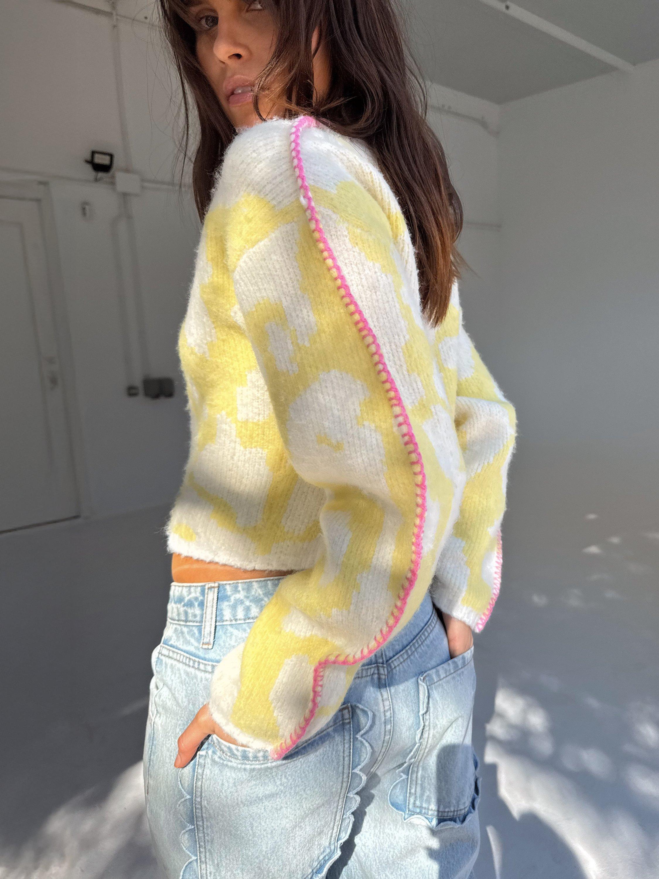 Product image 3 of 5, which shows Never Fully Dressed Zizi Contrast Knit Polyester Blend Cardigan, Yellow, XS