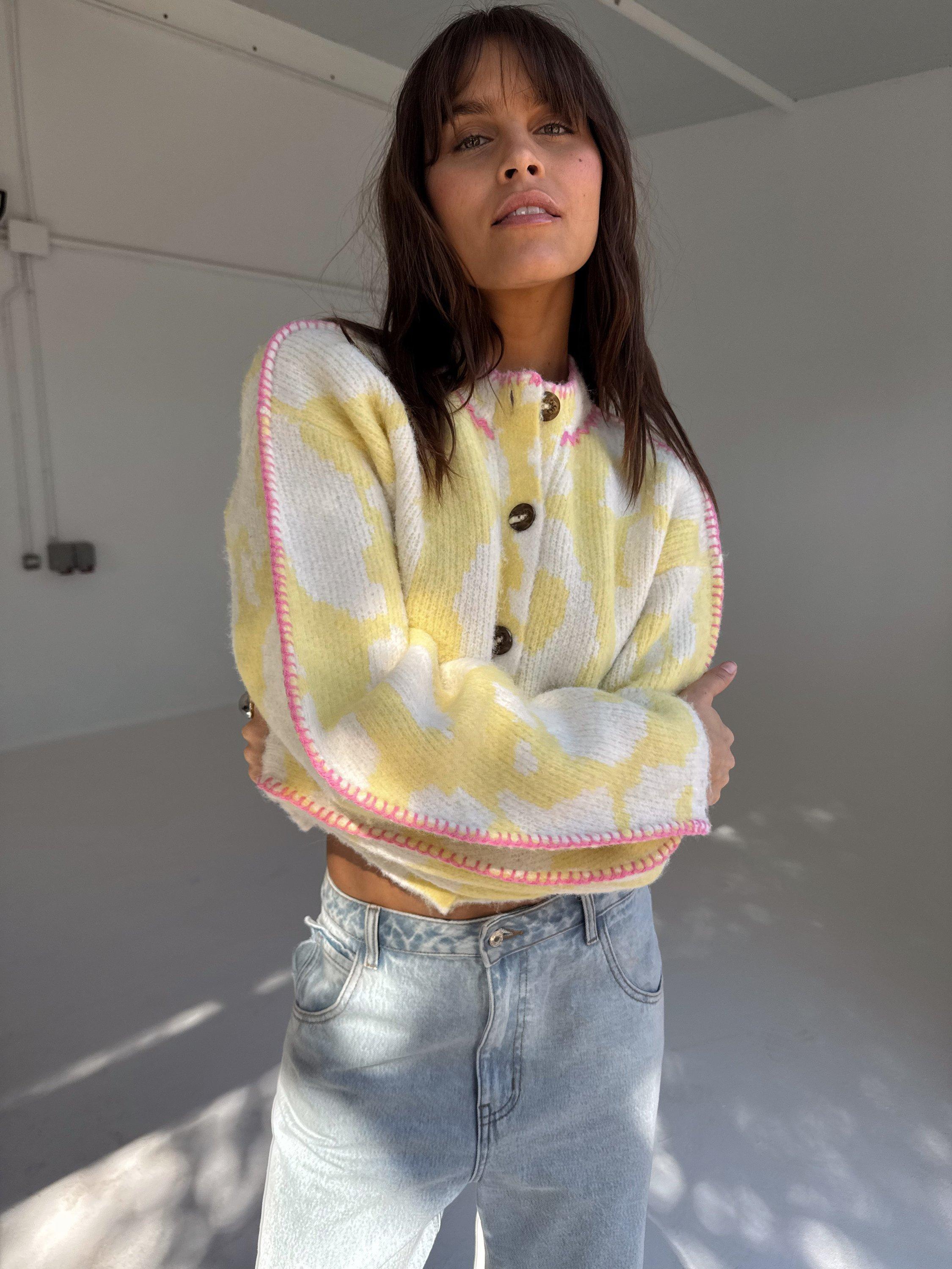 Product image 5 of 5, which shows Never Fully Dressed Zizi Contrast Knit Polyester Blend Cardigan, Yellow, XS