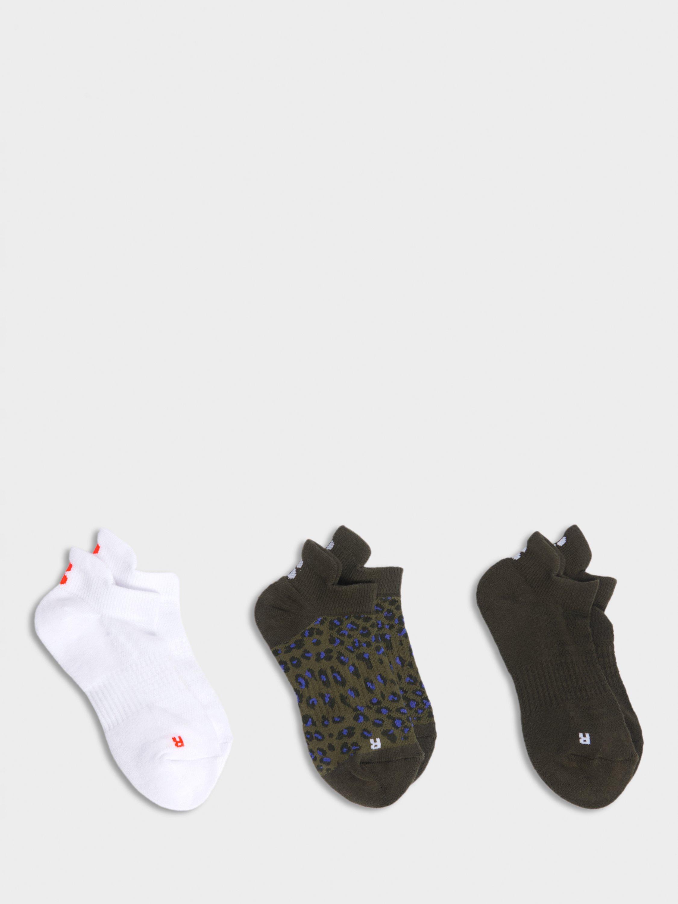 Product image 1 of 3, which shows Sweaty Betty Workout Trainer Socks, Pack of 3, Nori Green/Leopard, 2-5