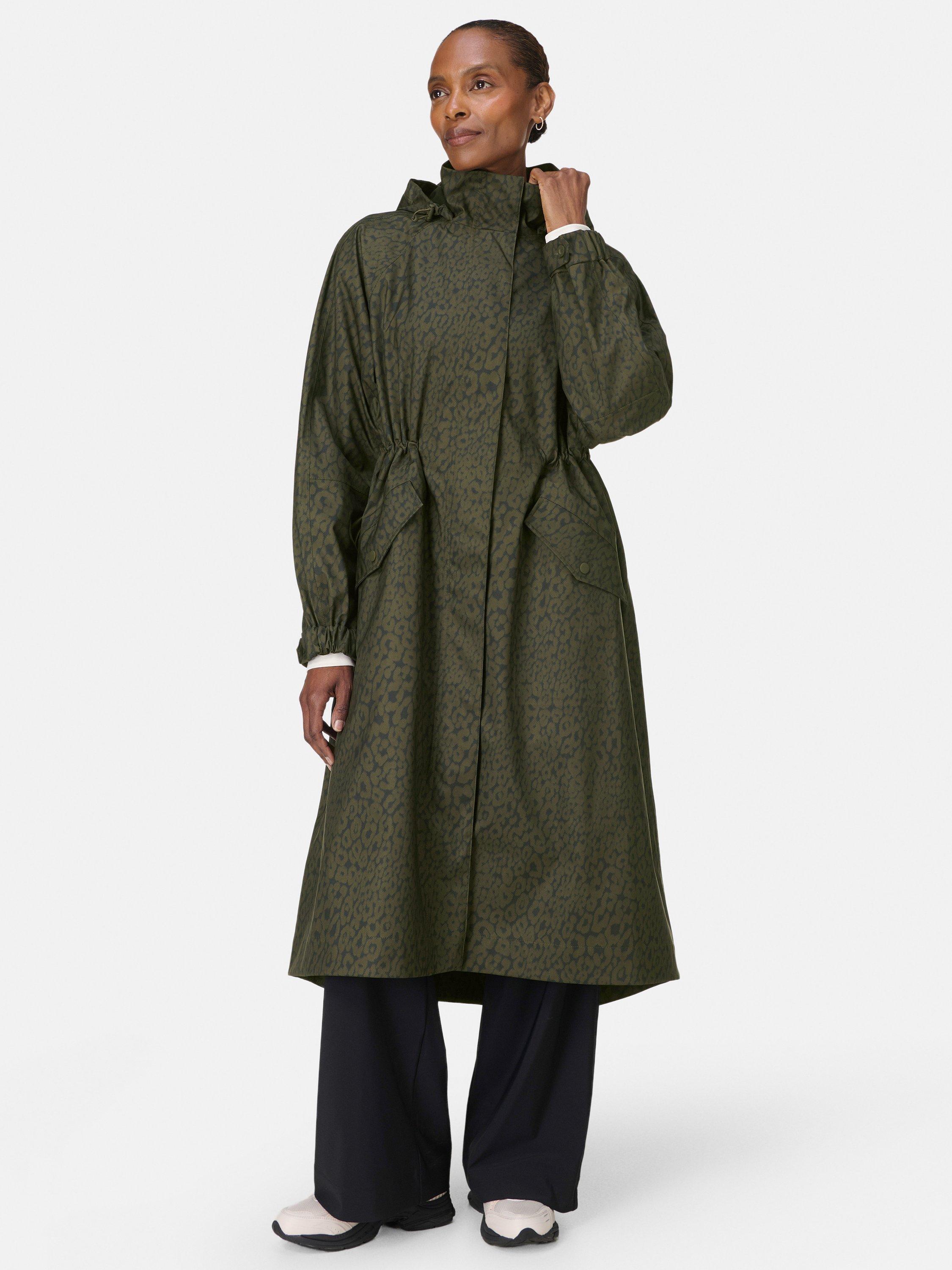 Product image 1 of 9, which shows Sweaty Betty Motion Technical Longline Parka, Green Leopard, S