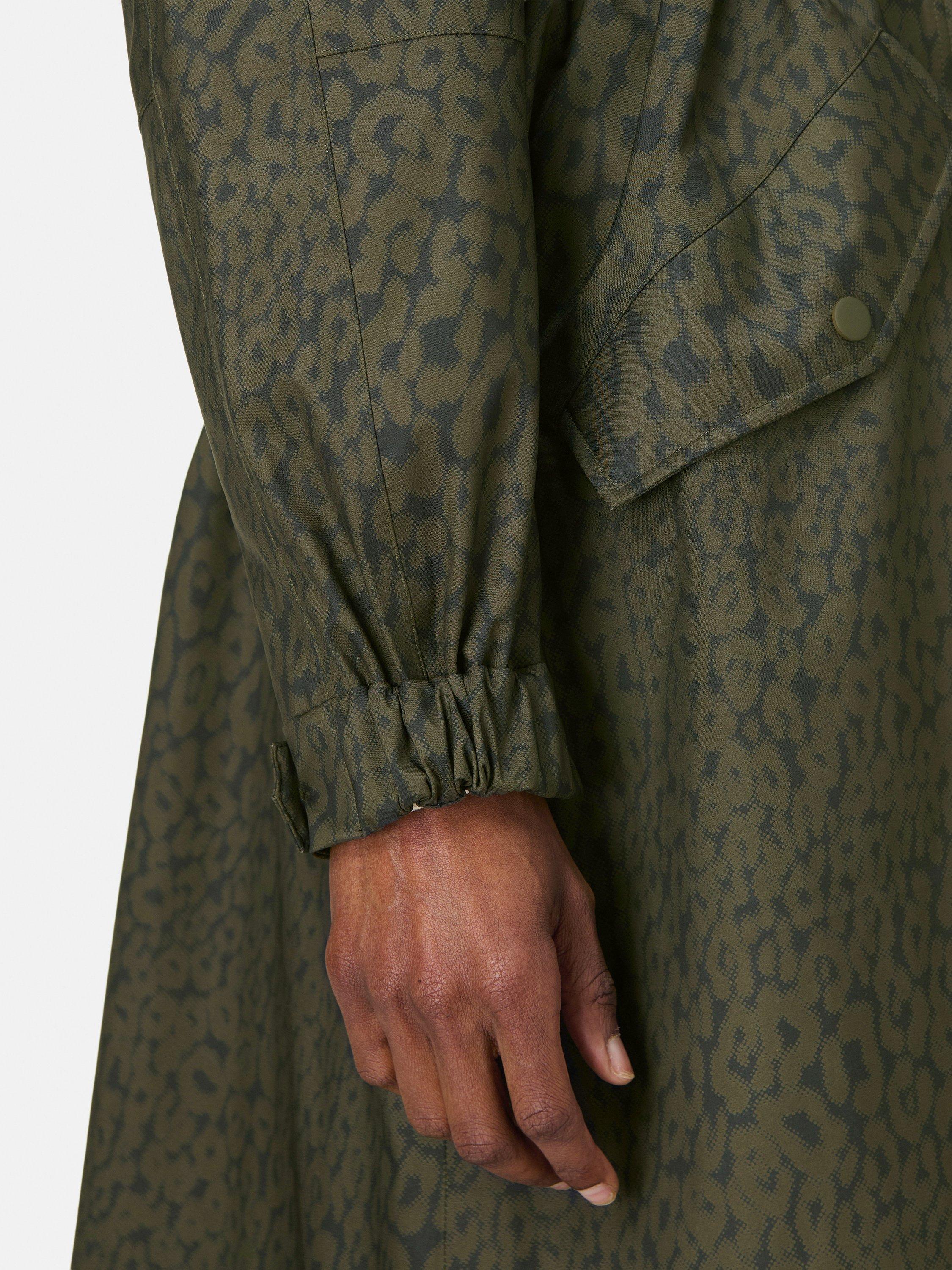 Product image 5 of 9, which shows Sweaty Betty Motion Technical Longline Parka, Green Leopard, S