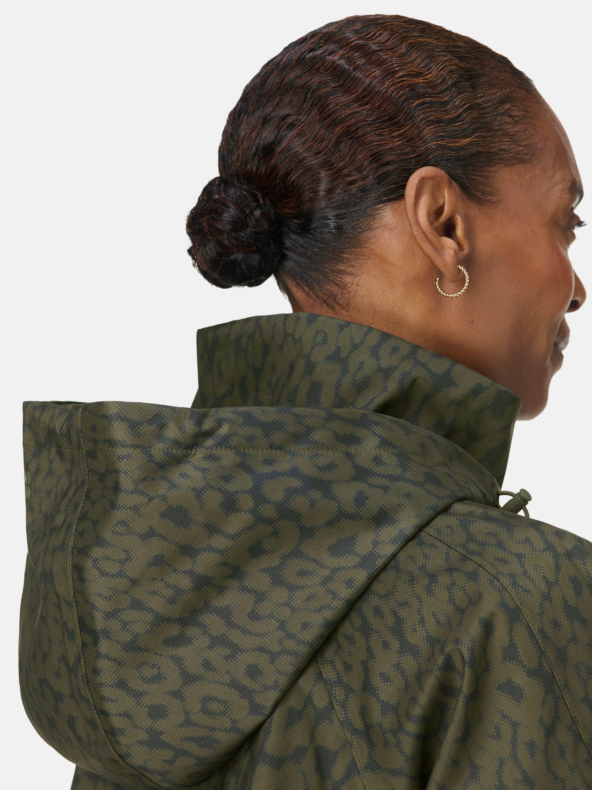 Product image 6 of 9, which shows Sweaty Betty Motion Technical Longline Parka, Green Leopard, S