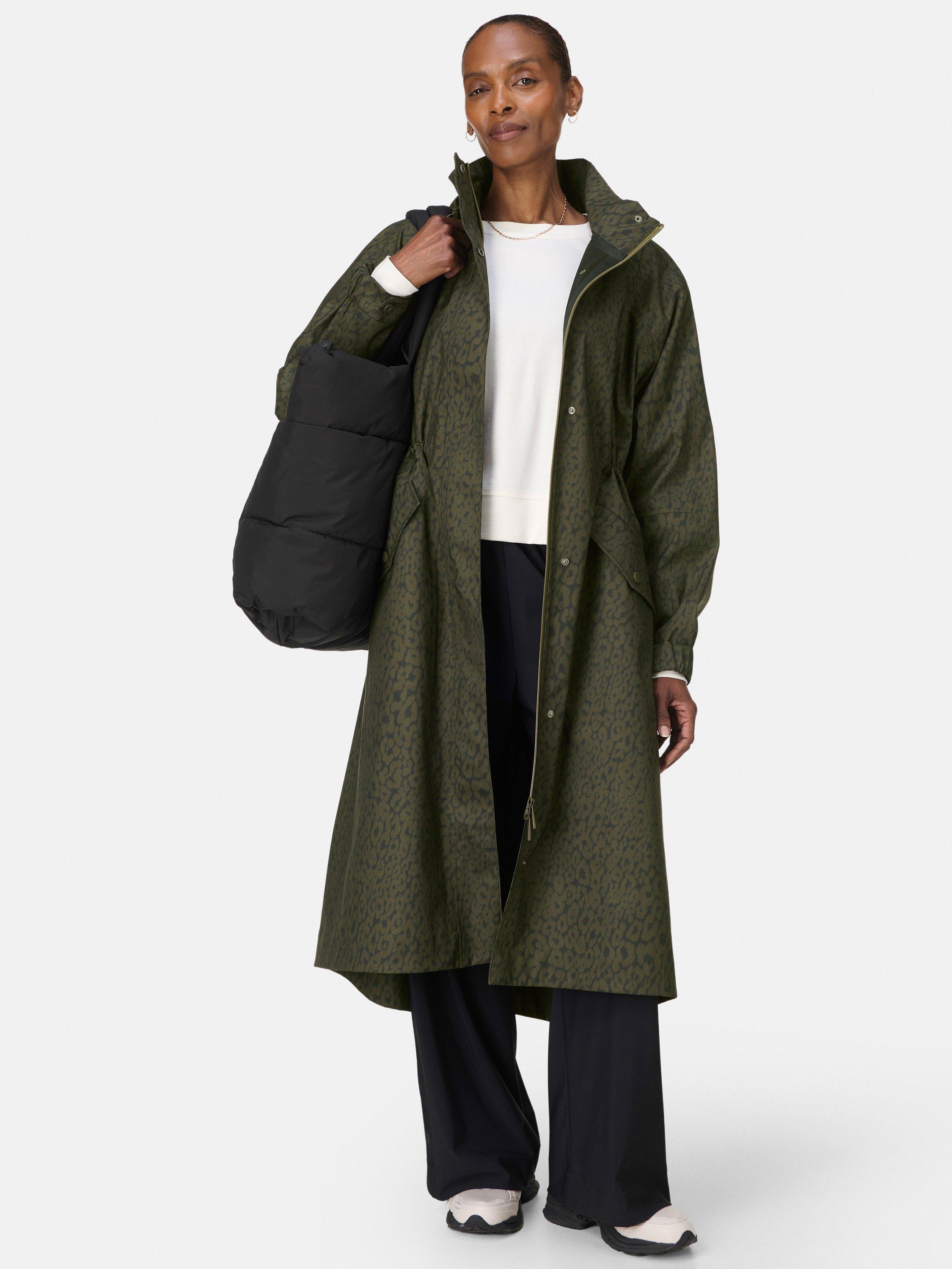 Product image 9 of 9, which shows Sweaty Betty Motion Technical Longline Parka, Green Leopard, S