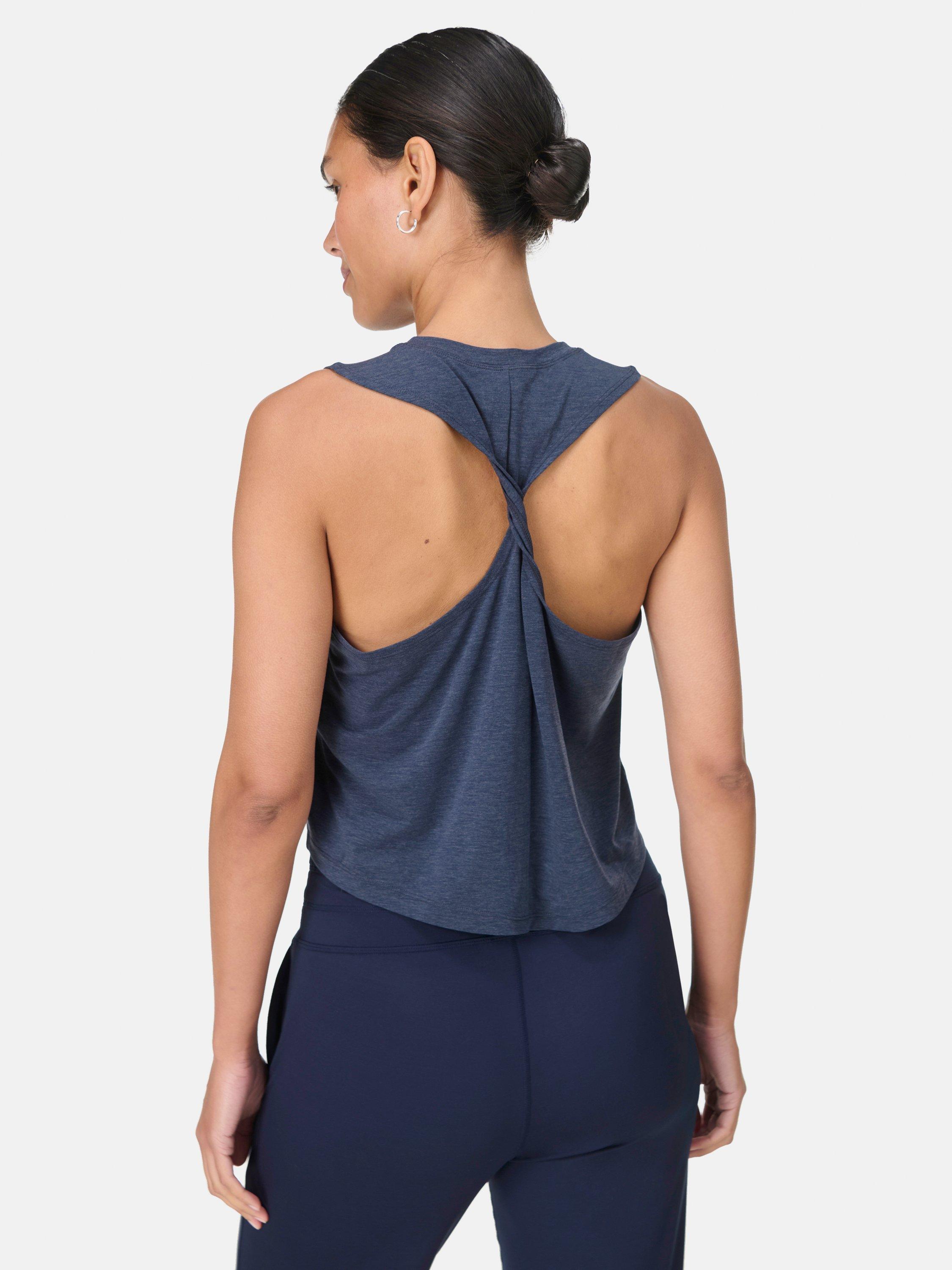 Product image 3 of 6, which shows Sweaty Betty Soft Flow Studio Twist Back Tank Top, Navy Blue, XXS