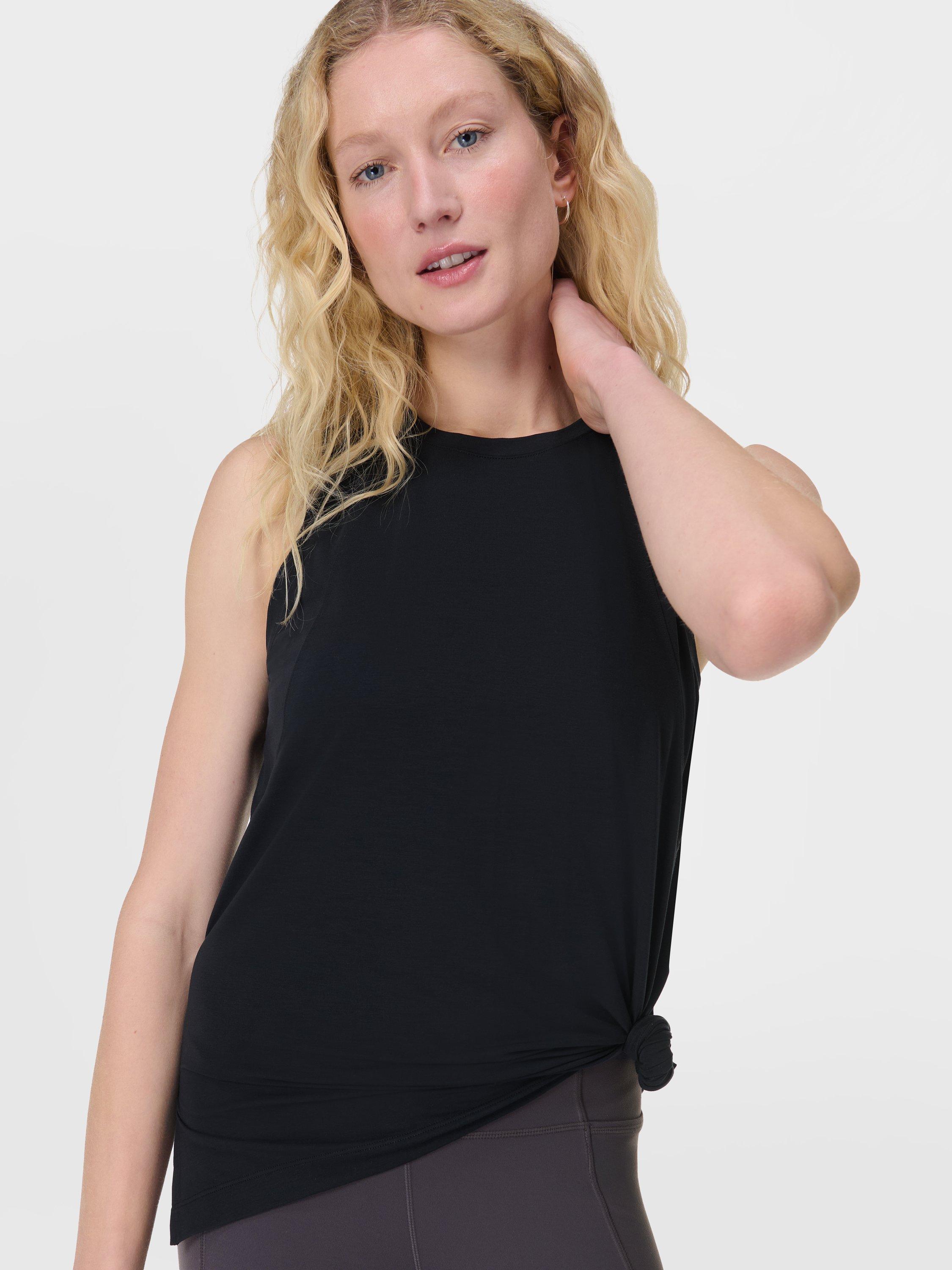 Product image 2 of 8, which shows Sweaty Betty Soft Flow Studio Longline Tank Top, Black, XXS