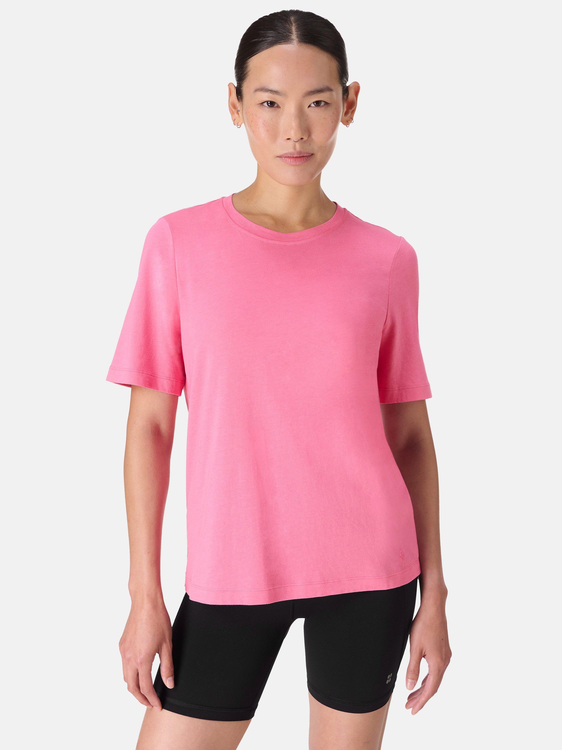 Product image 1 of 7, which shows Sweaty Betty Essential Organic Cotton Blend Crew Neck T-Shirt, Lollipop Pink, XXS