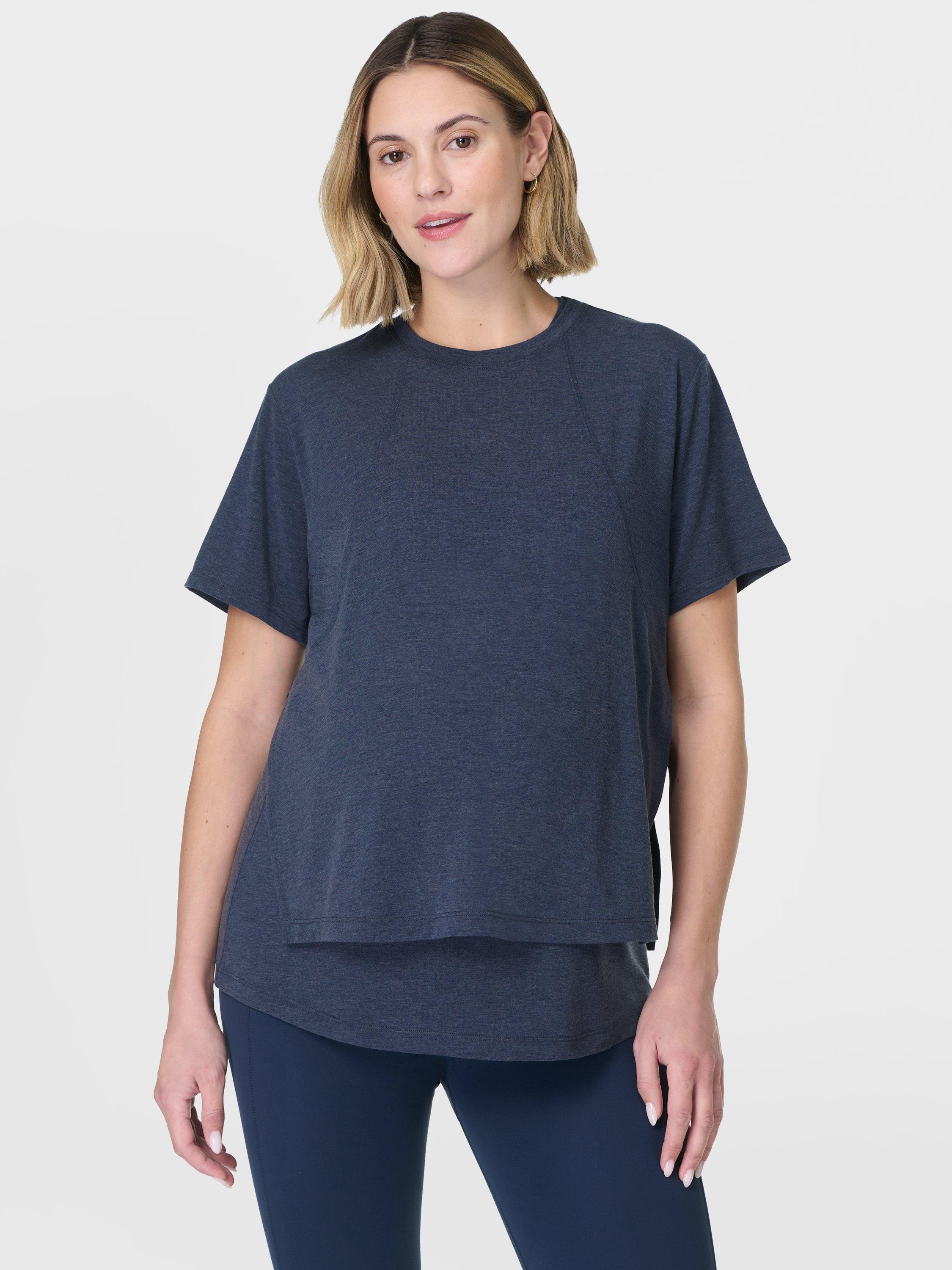 Product image 1 of 10, which shows Sweaty Betty Soft Flow 2-in-1 Nursing T-Shirt, Navy Blue, XXS