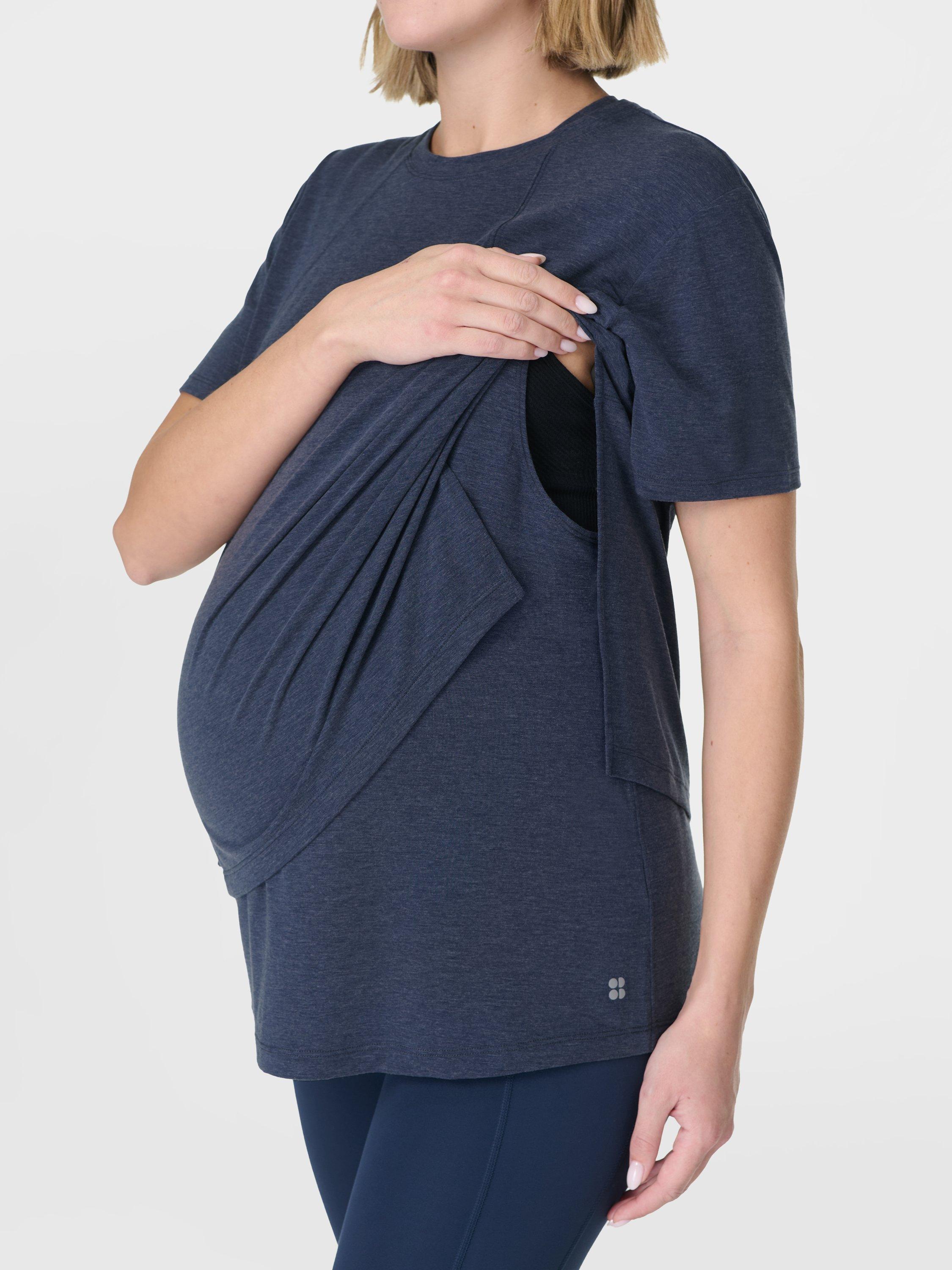Product image 5 of 10, which shows Sweaty Betty Soft Flow 2-in-1 Nursing T-Shirt, Navy Blue, XXS