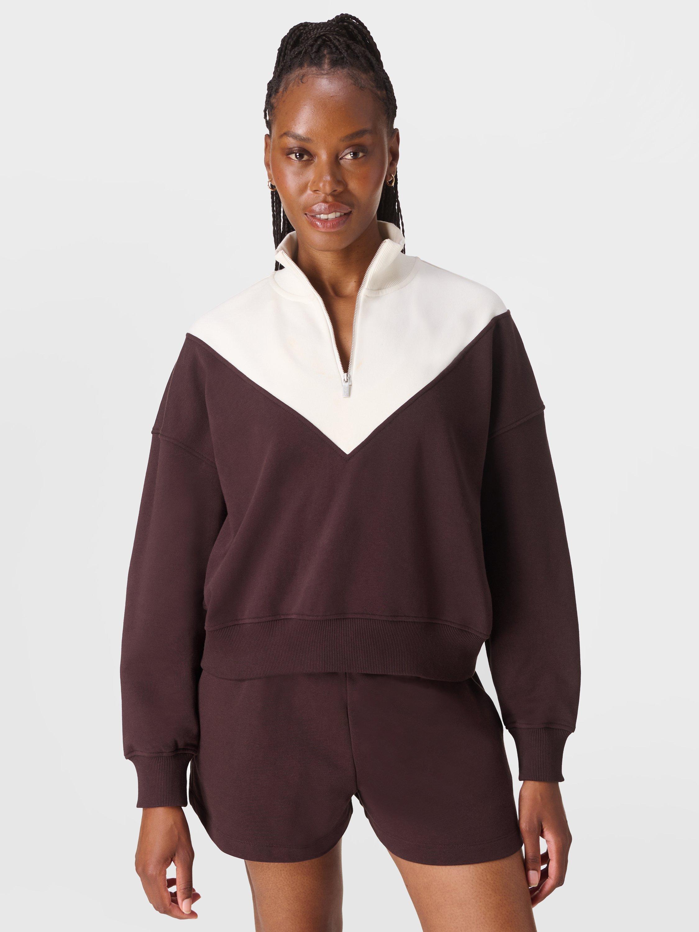Product image 1 of 8, which shows Sweaty Betty Cotton Blend Half Zip Neck Sweatshirt, Sable Brown/Lily White, XXS-XS