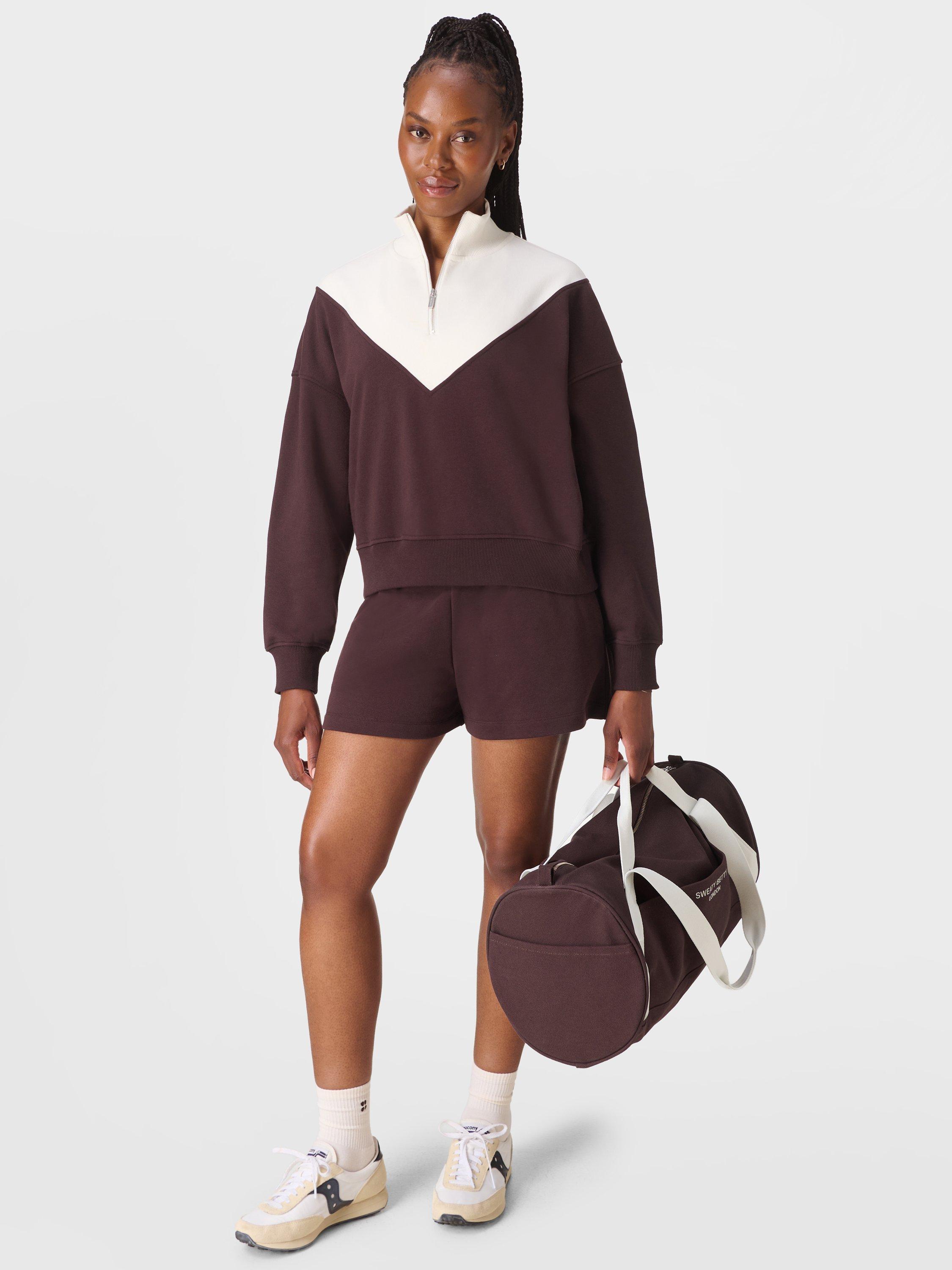 Product image 3 of 8, which shows Sweaty Betty Cotton Blend Half Zip Neck Sweatshirt, Sable Brown/Lily White, XXS-XS