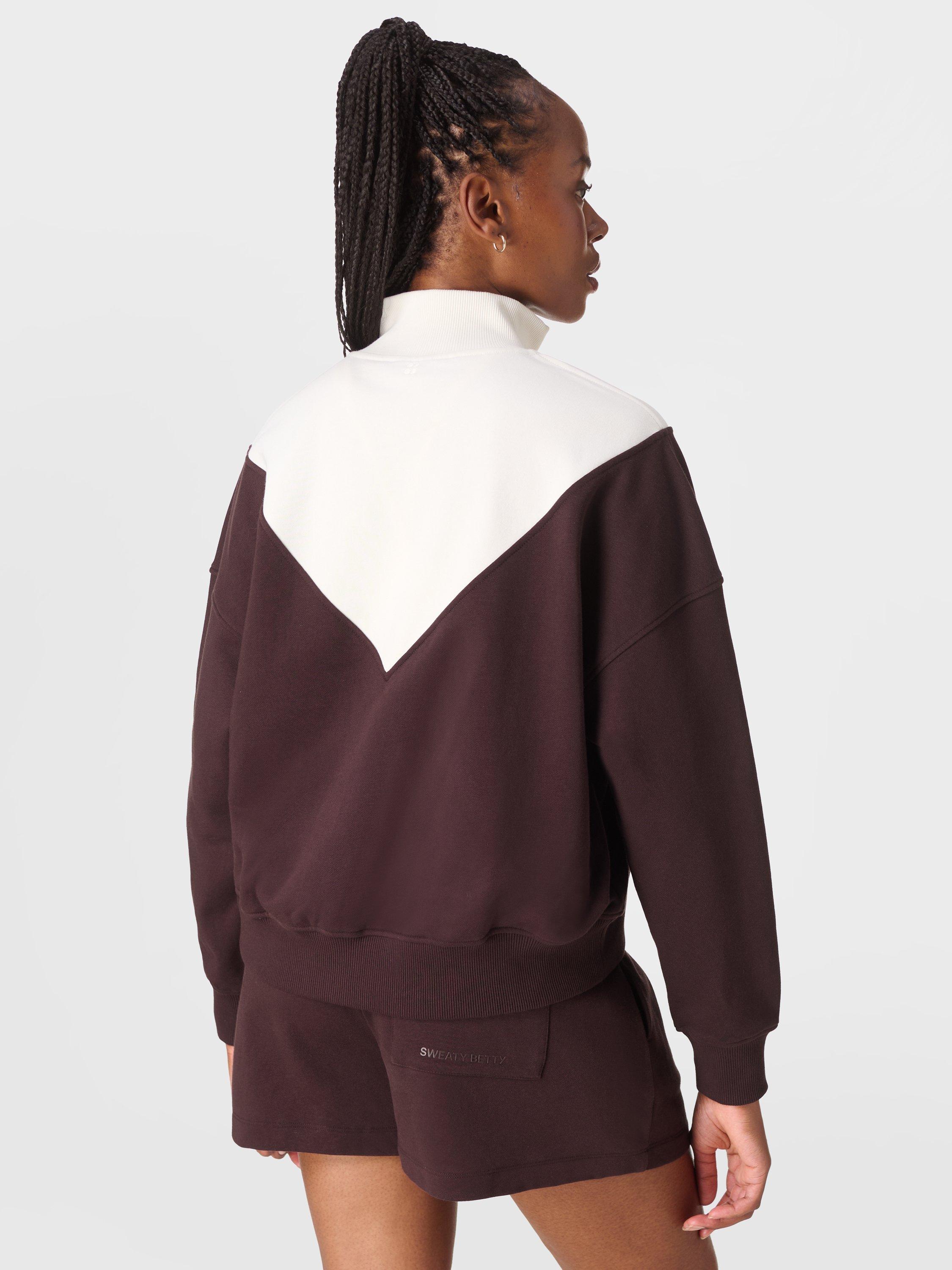 Product image 4 of 8, which shows Sweaty Betty Cotton Blend Half Zip Neck Sweatshirt, Sable Brown/Lily White, XXS-XS