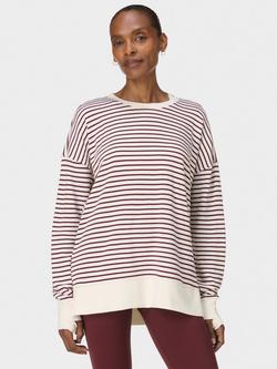 Sweaty Betty After Class Stripe Organic Cotton Blend Longline Sweatshirt, Lily White/Garnet Red