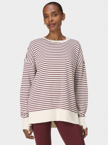 Sweaty Betty After Class Stripe Organic Cotton Blend Longline Sweatshirt, Lily White/Garnet Red
