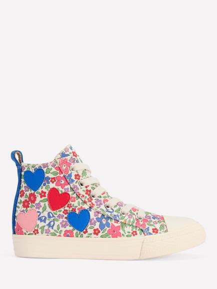 Mini Boden Kids' Canvas High Top Trainers, Floral Hearts, Floral Hearts