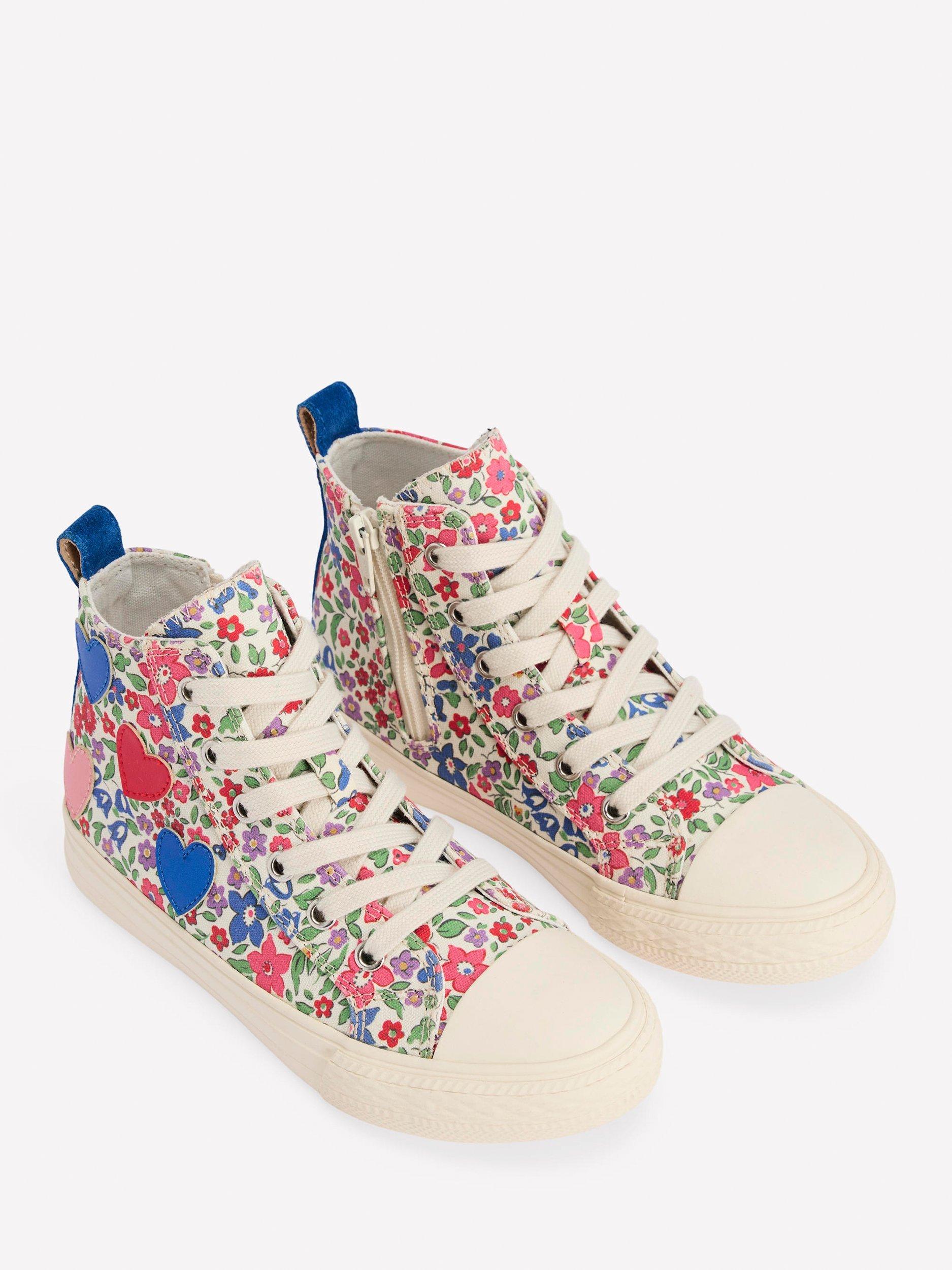 Product image 2 of 3, which shows Mini Boden Kids' Canvas High Top Trainers, Floral Hearts, 7 Jnr