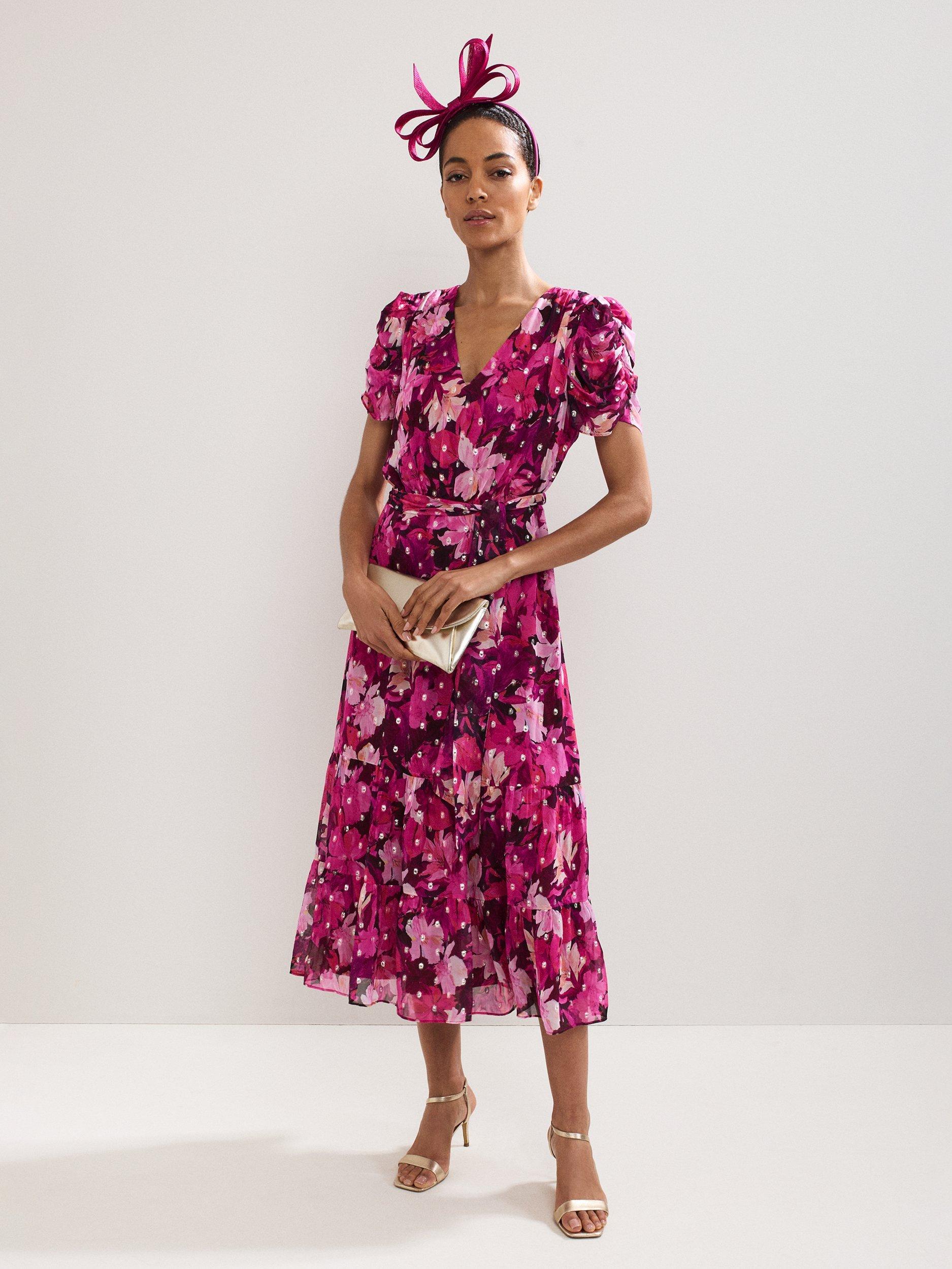 Product image 1 of 9, which shows Phase Eight Azalea Floral Midi Dress, Multi, 8