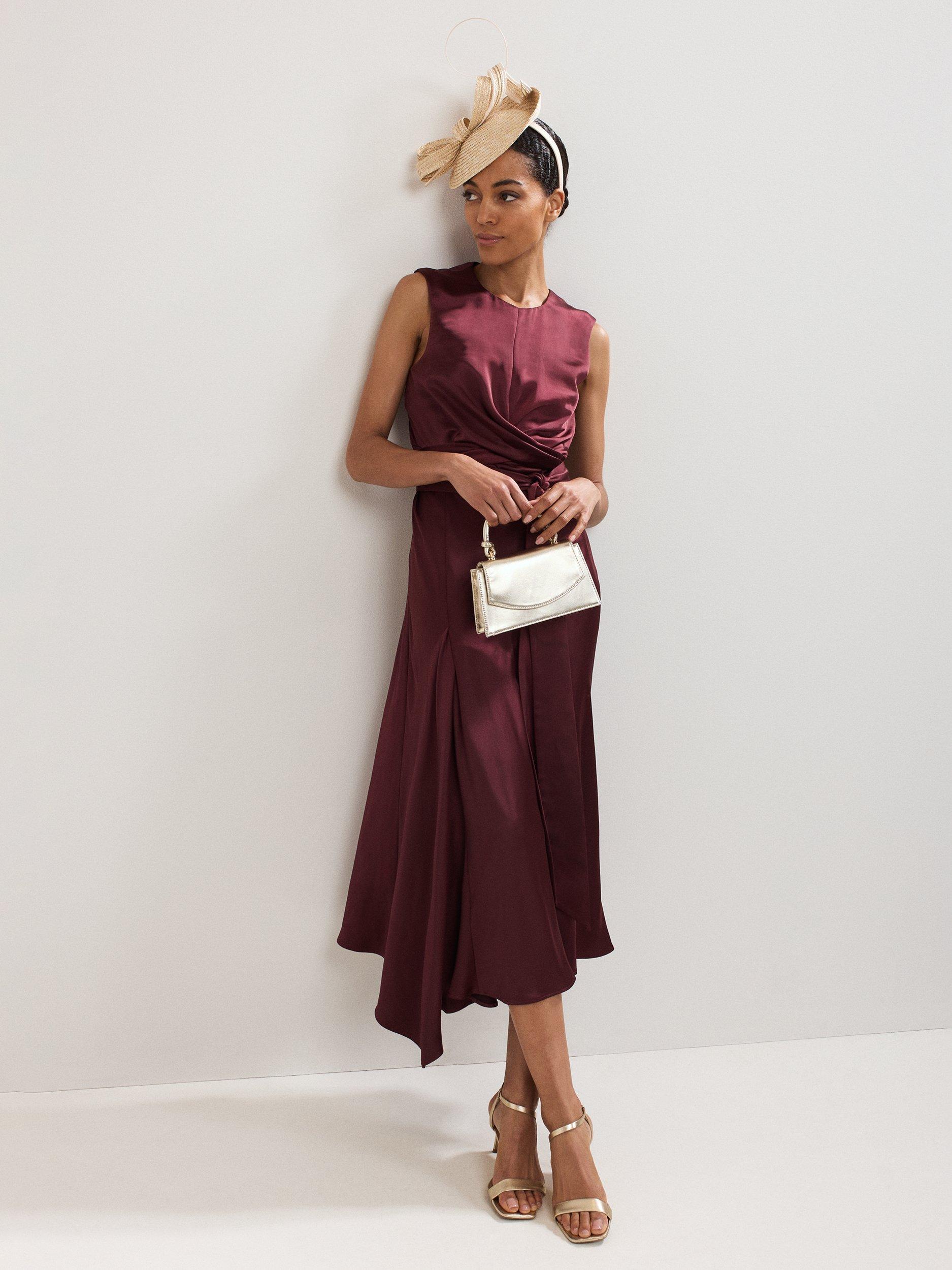 Product image 1 of 9, which shows Phase Eight Felicity Open Back Satin Dress, Burgundy, 6