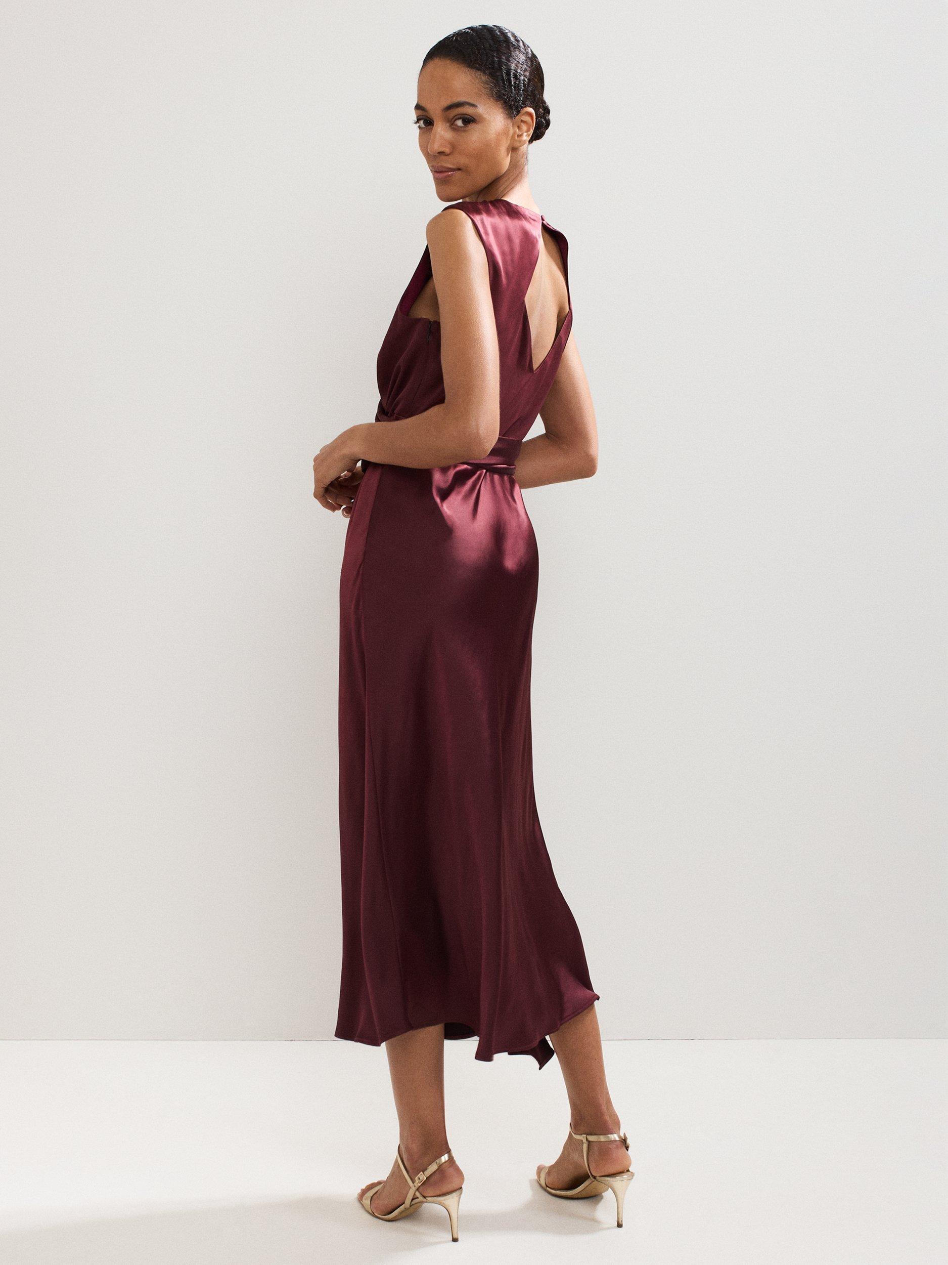 Product image 2 of 9, which shows Phase Eight Felicity Open Back Satin Dress, Burgundy, 6