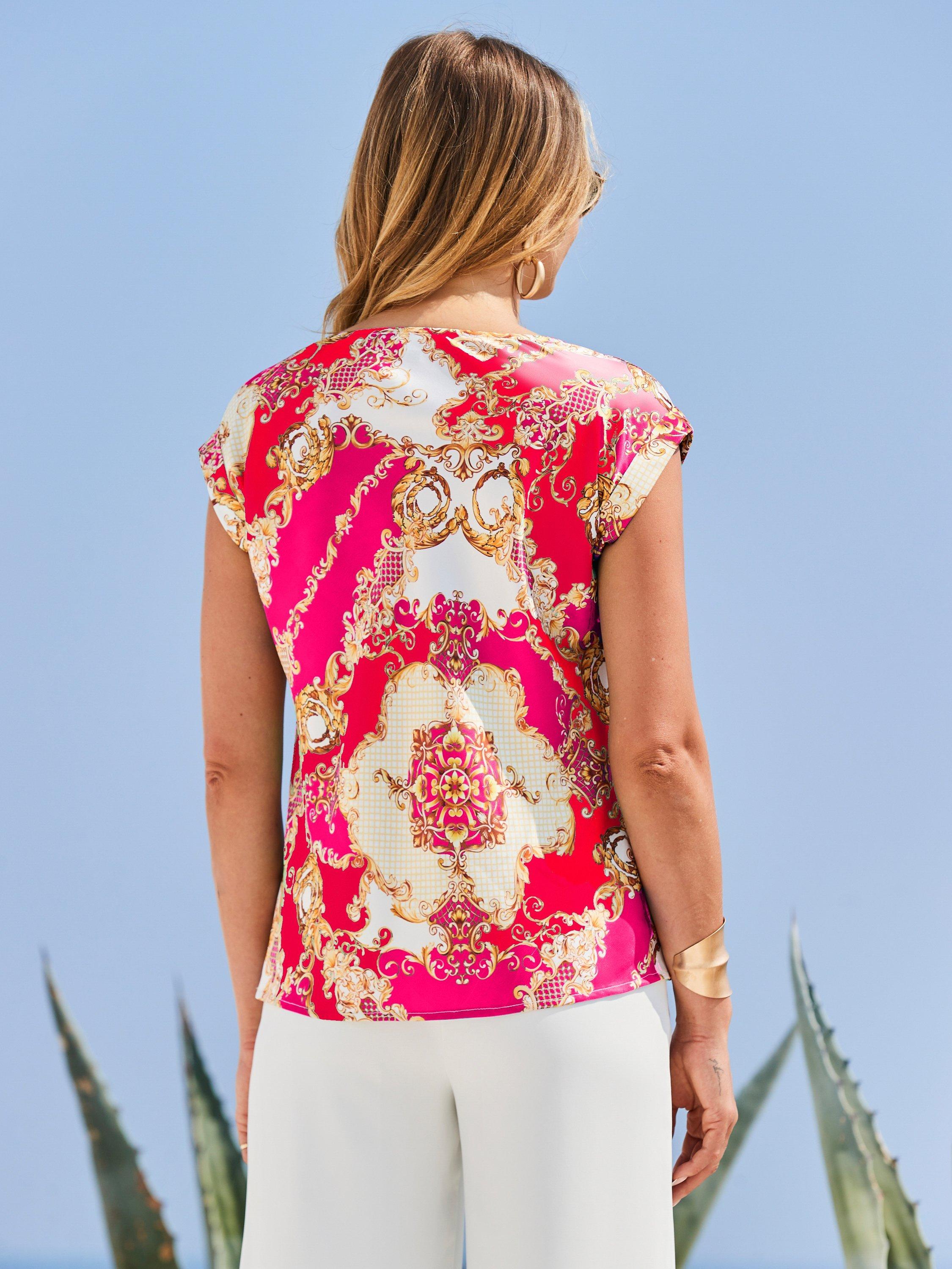 Product image 4 of 5, which shows Sosandar Baroque Print Cowl Neck Top, Red/Pink, 6