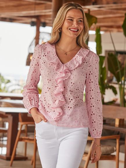 Sosandar Broderie Ruffle Detail Cotton Blouse, Pink