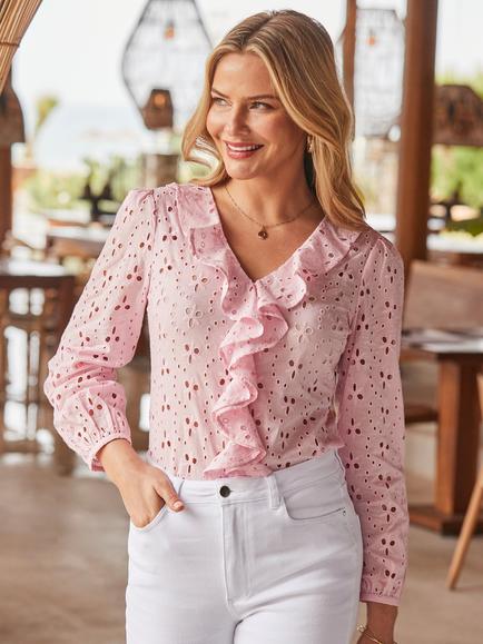 Sosandar Broderie Ruffle Detail Cotton Blouse - view 2, Pink
