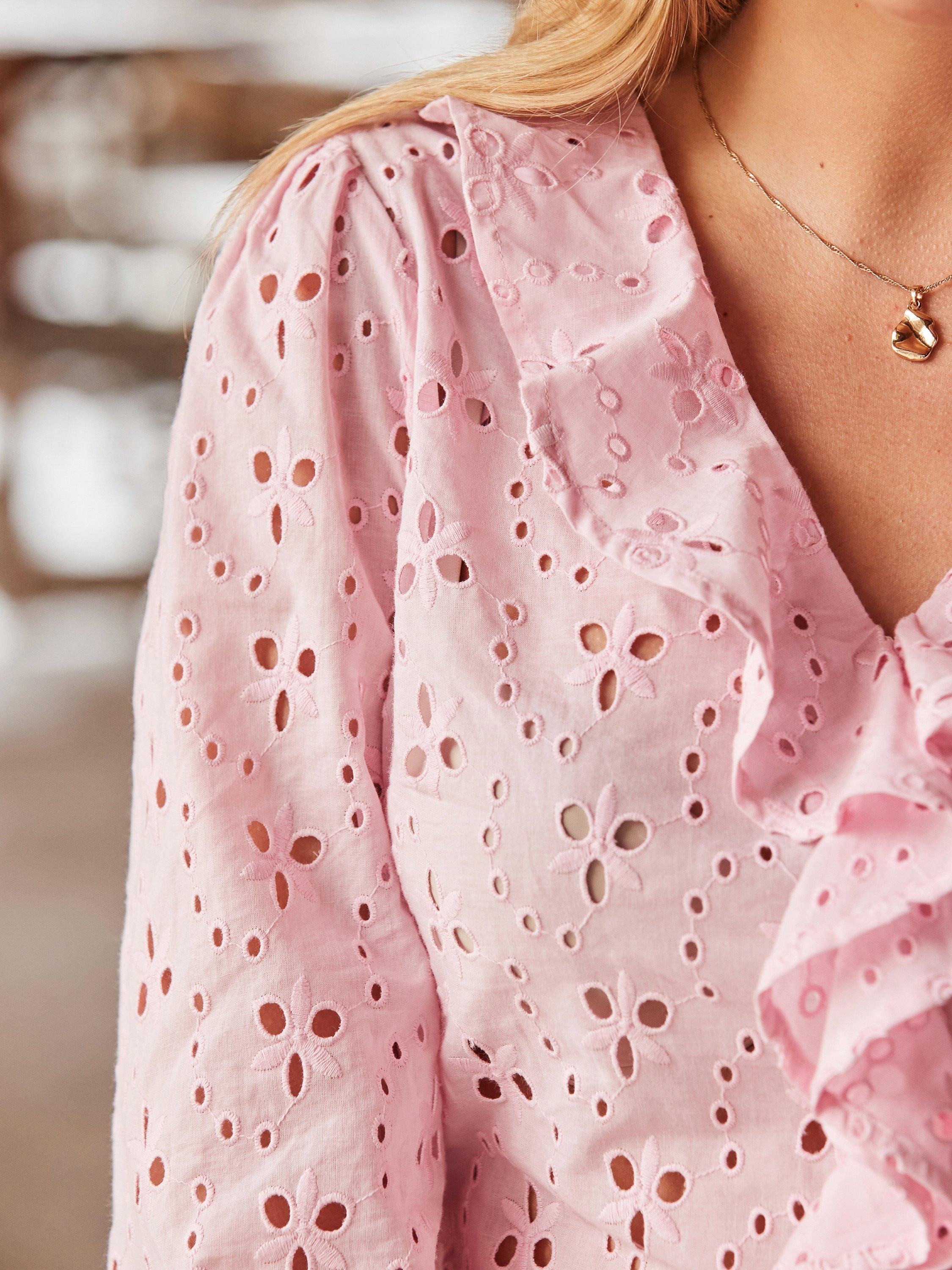 Product image 4 of 4, which shows Sosandar Broderie Ruffle Detail Cotton Blouse, Pink, 6