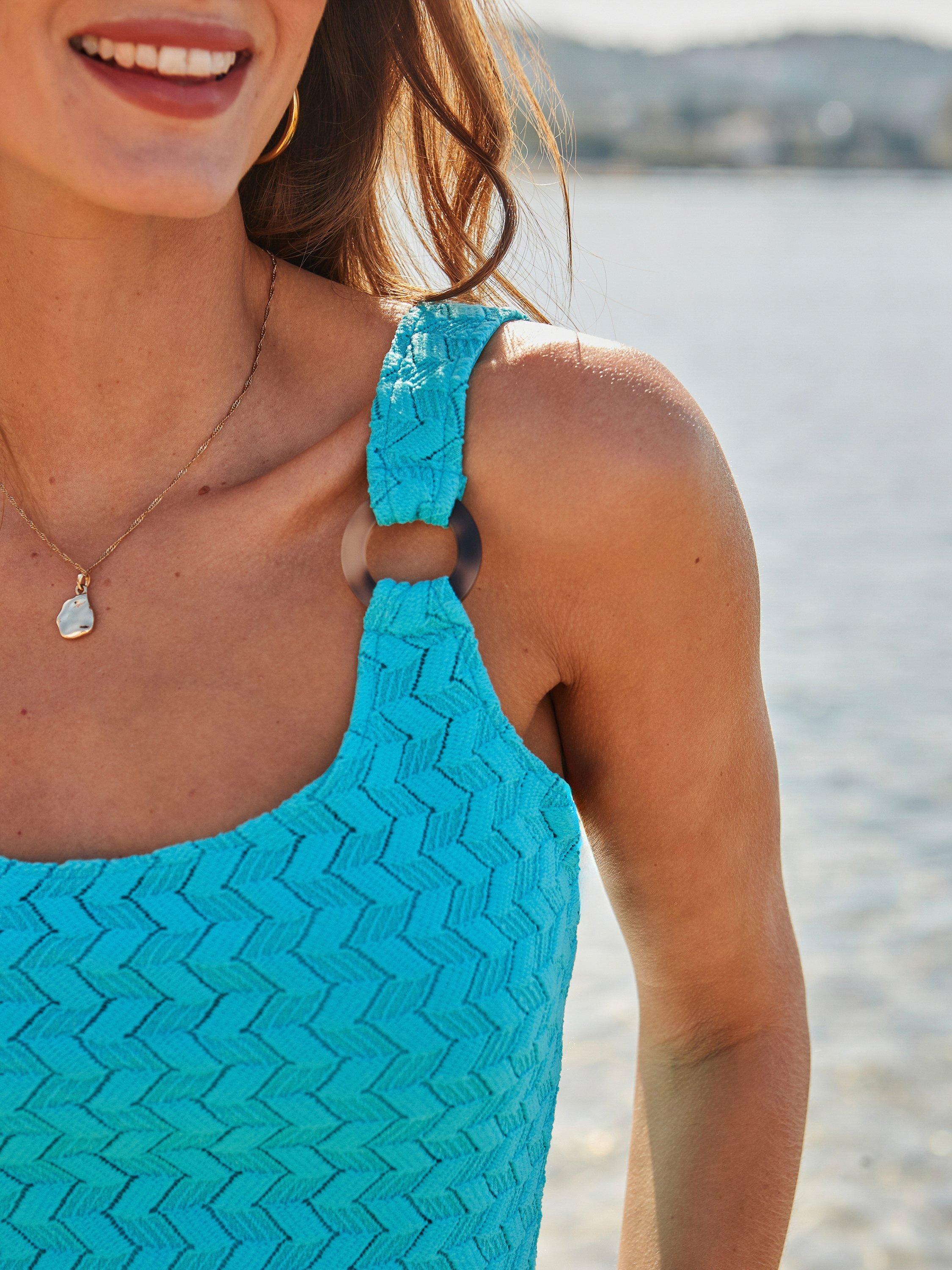 Product image 5 of 5, which shows Sosandar Chevron Textured Crochet Ring Detail Vest Top, Blue, 6