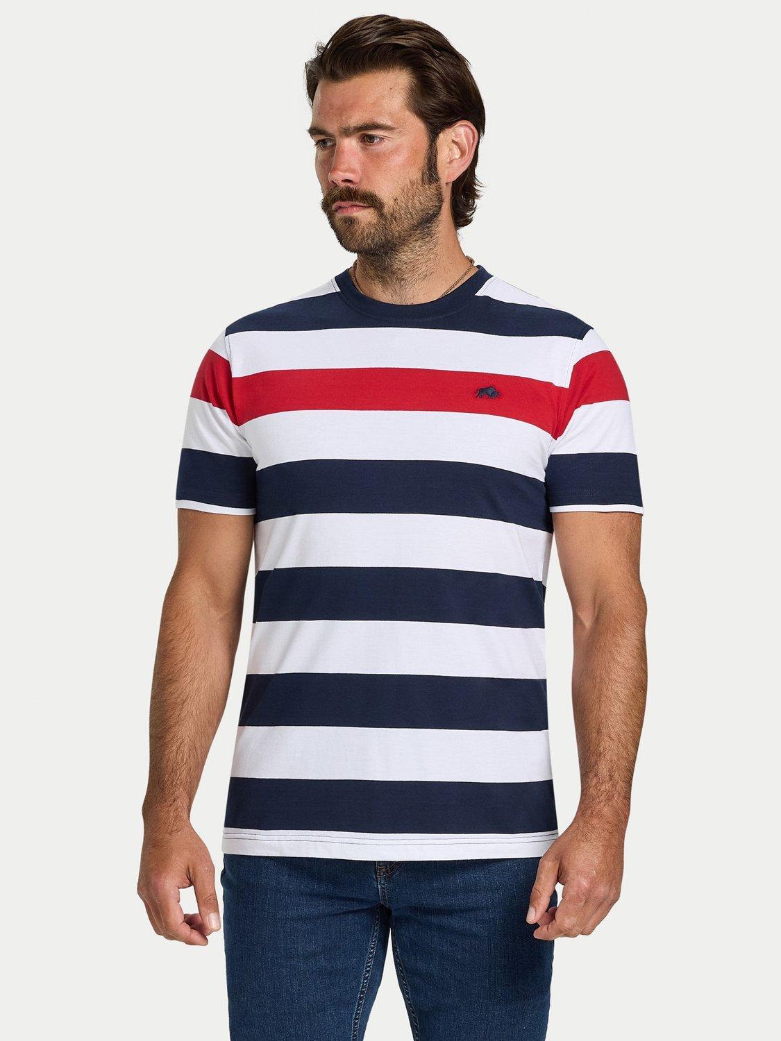 Product image 1 of 7, which shows Raging Bull Contrast Chest Stripe T-Shirt, Navy/Red, S